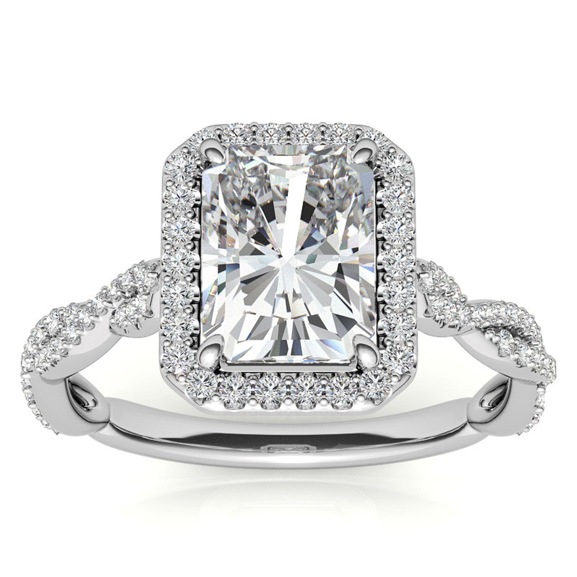 Sterling Silver Radiant Halo Twisted Band Adjustable Elegant White Gold Ring – Perfect for Engagement