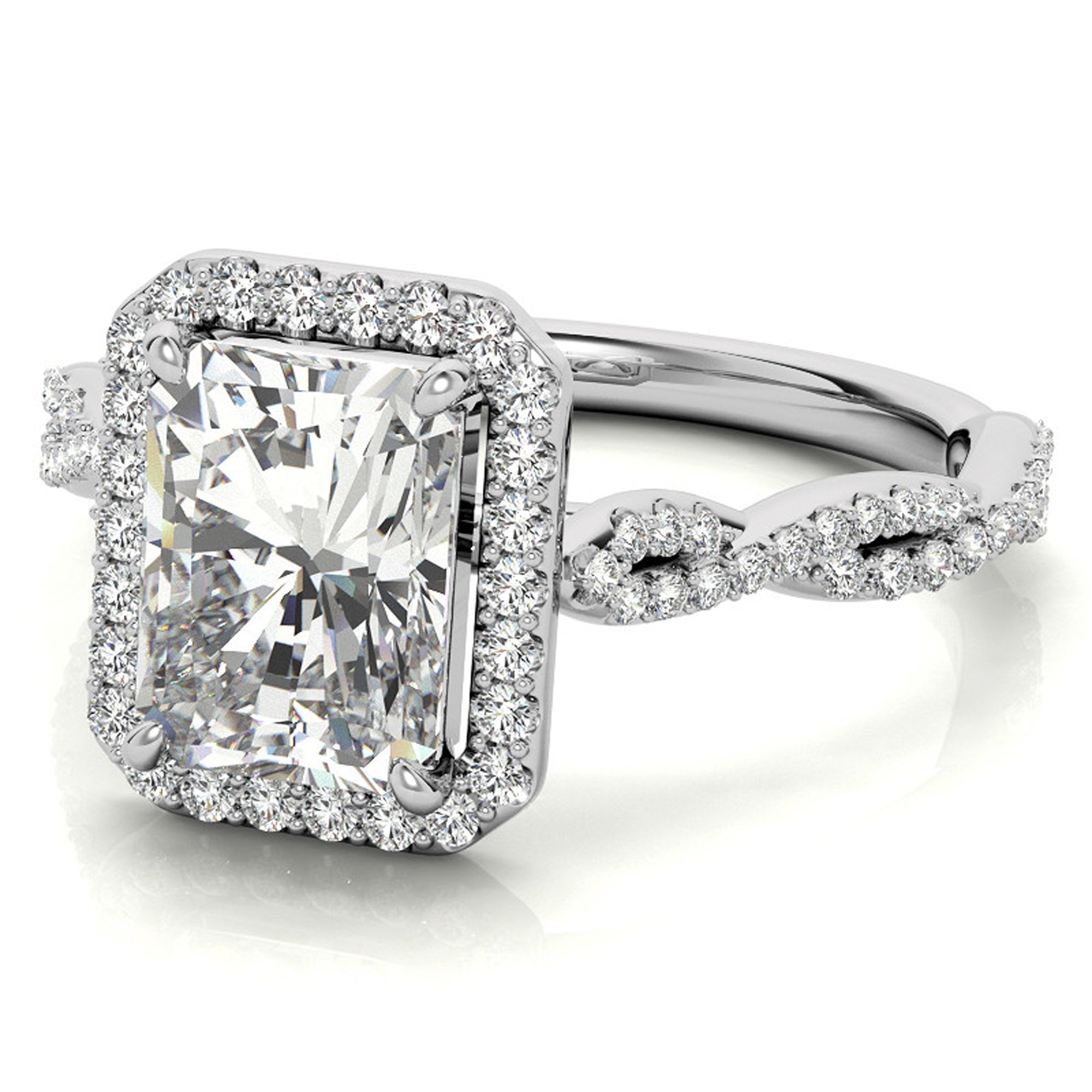 Sterling Silver Radiant Halo Twisted Band Adjustable Elegant White Gold Ring – Perfect for Engagement