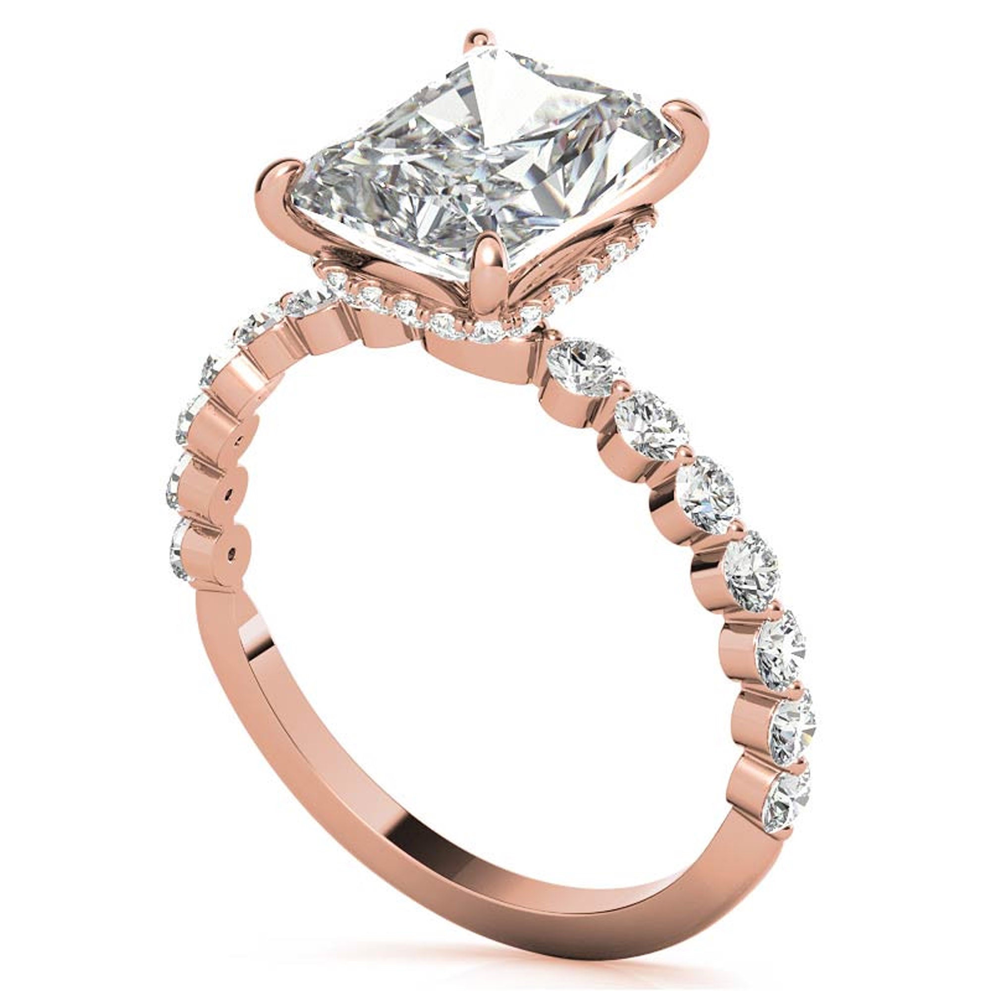 Adjustable Sterling Silver Elegant Rose Gold Radiant Cut Stone & Pave Accents Ring For Women