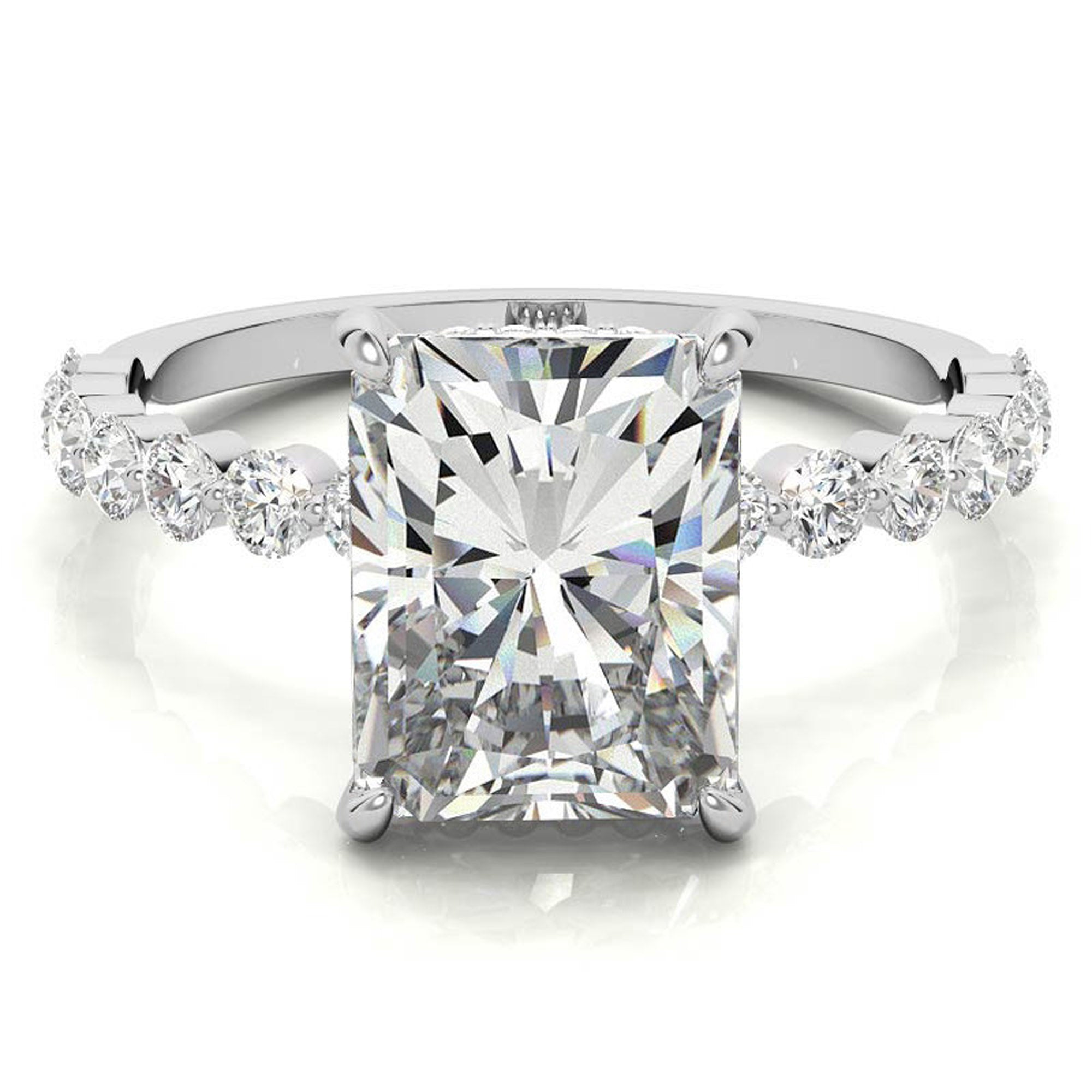 Adjustable Sterling Silver Elegant White Gold Radiant Cut Stone & Pave Accents For Women