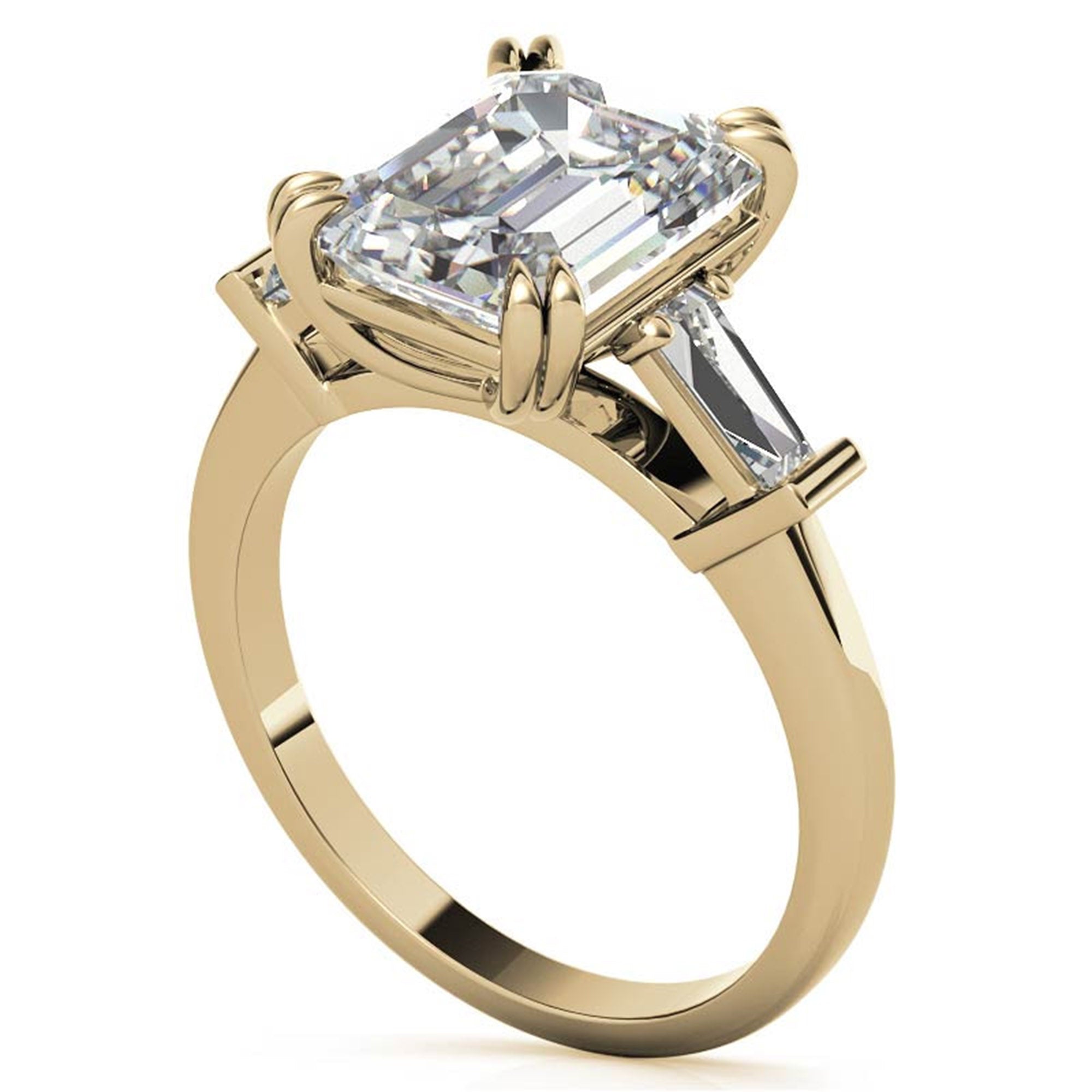 Adjustable Engagement Sterling Silver Yellow Gold Three-Stone Emerald-Cut with Baguette Ring For Woman
