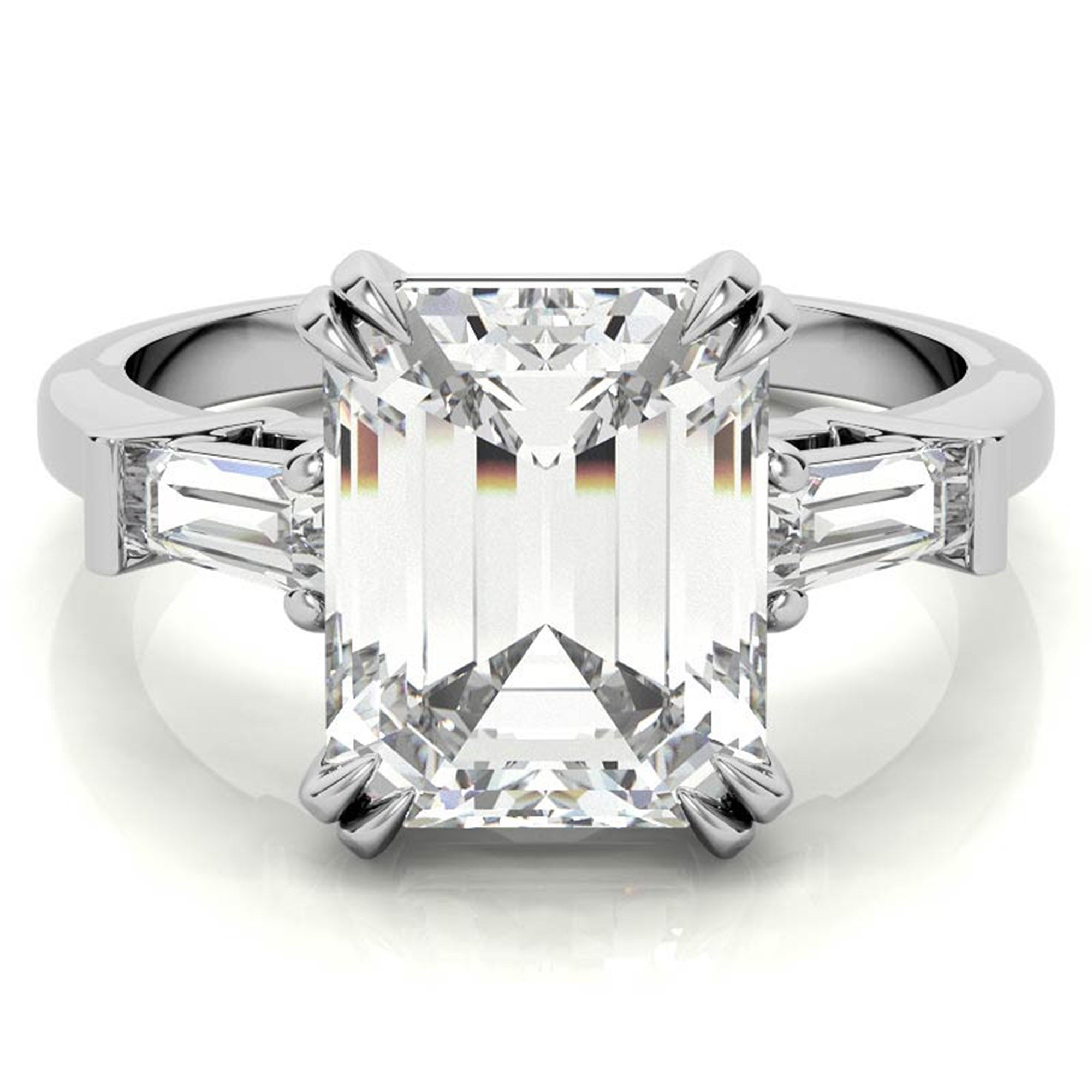 Adjustable Engagement Sterling Silver White Gold Three-Stone Emerald-Cut with Baguette Ring For Woman