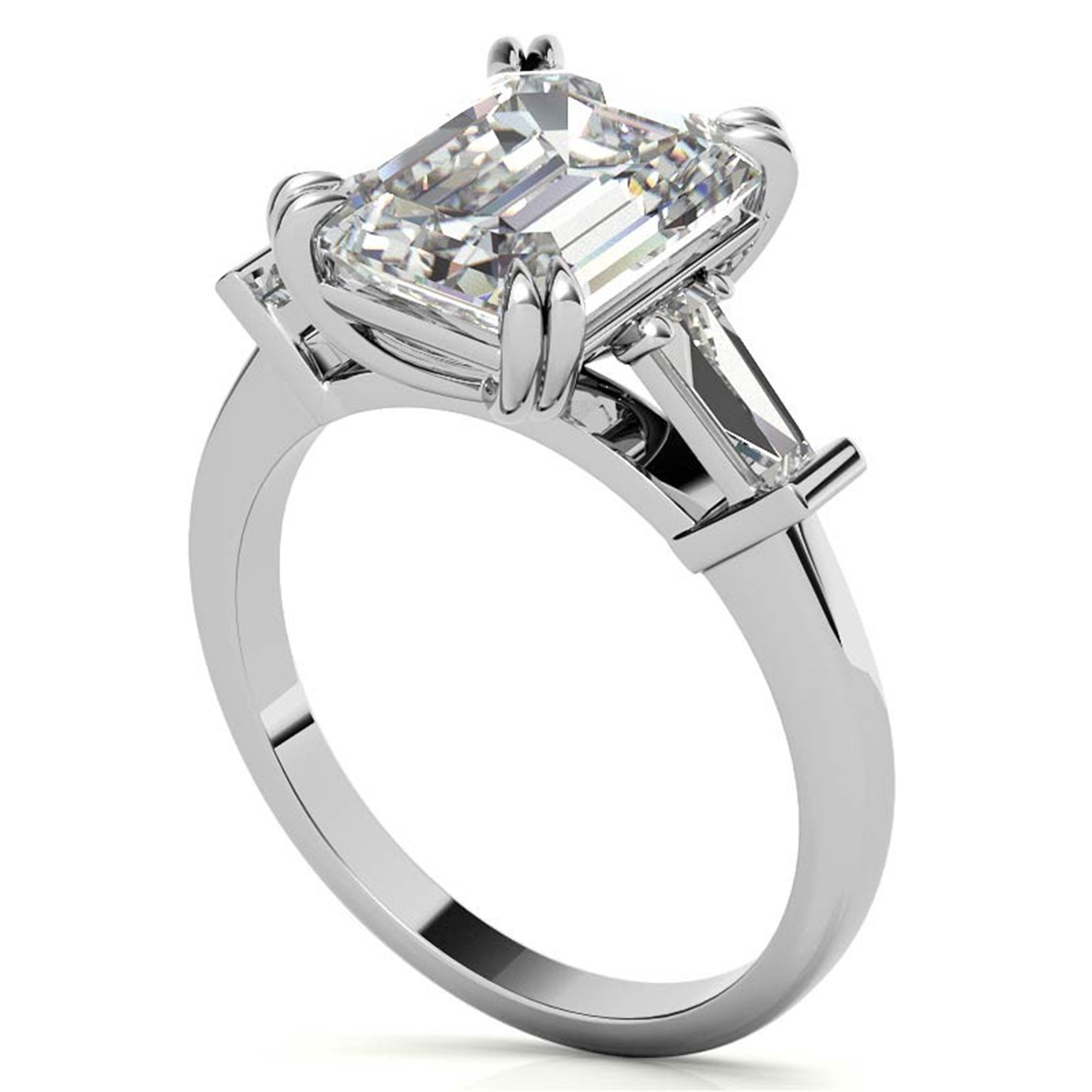 Adjustable Engagement Sterling Silver White Gold Three-Stone Emerald-Cut with Baguette Ring For Woman