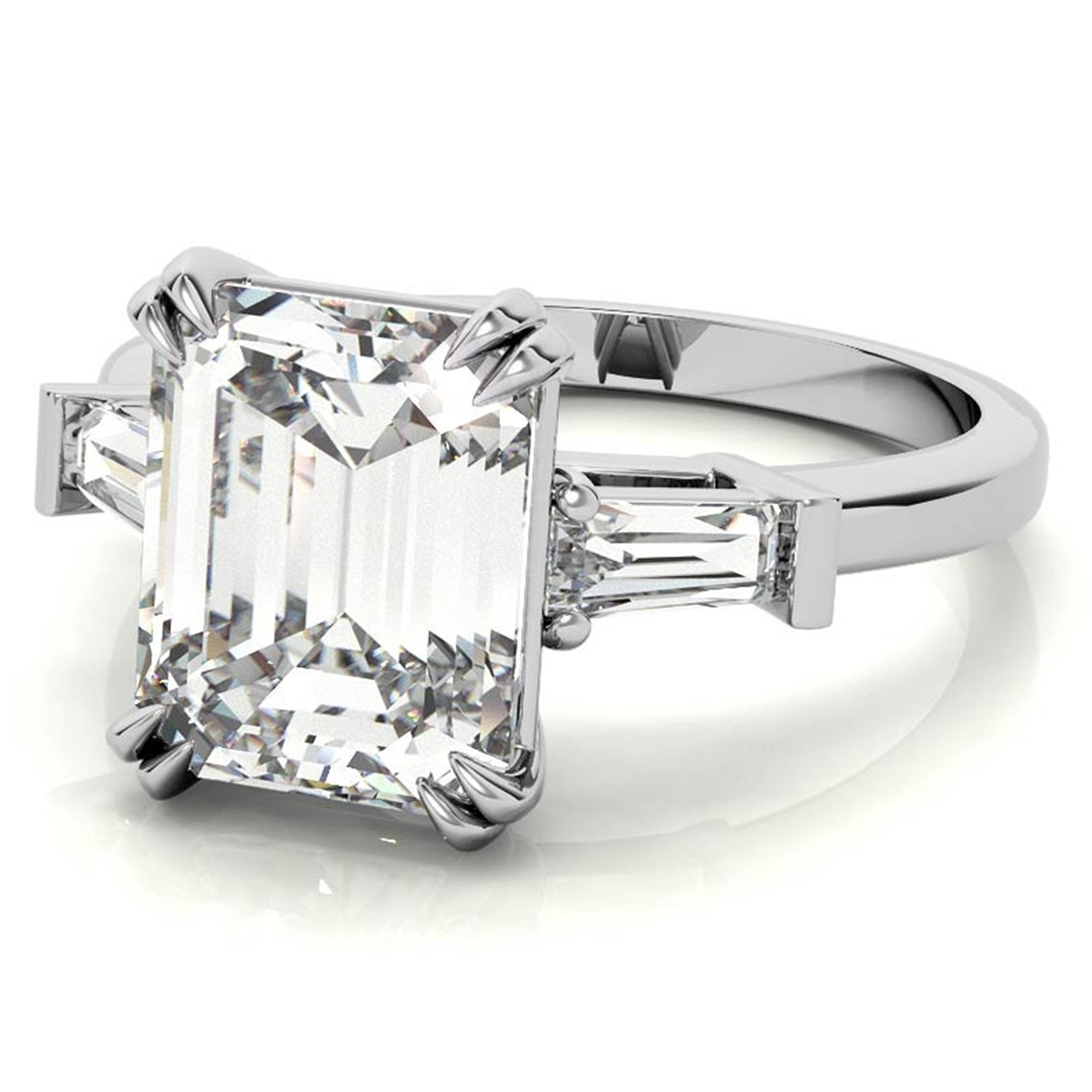 Adjustable Engagement Sterling Silver White Gold Three-Stone Emerald-Cut with Baguette Ring For Woman