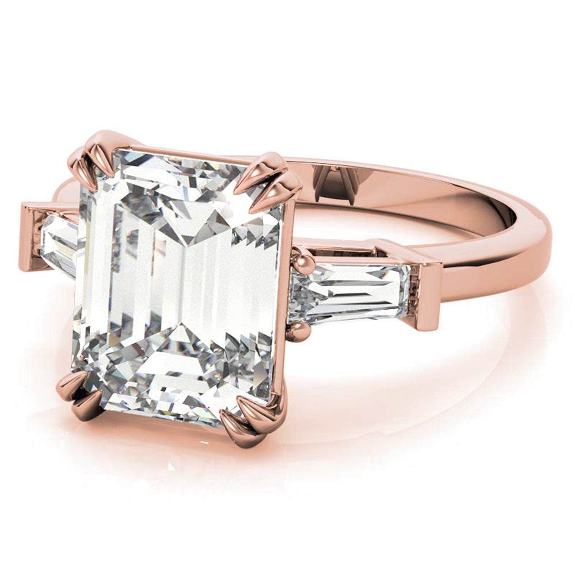 Adjustable Engagement Sterling Silver Rose Gold Three-Stone Emerald-Cut with Baguette Ring For Woman