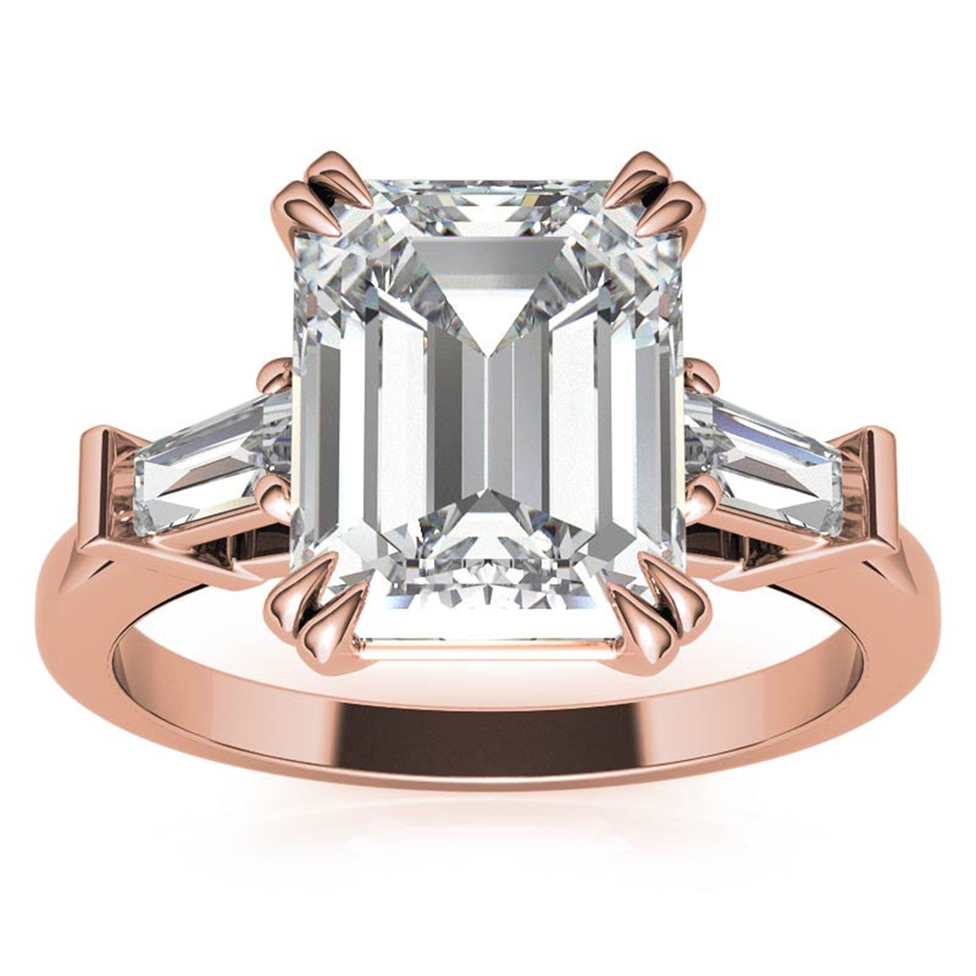 Adjustable Engagement Sterling Silver Rose Gold Three-Stone Emerald-Cut with Baguette Ring For Woman