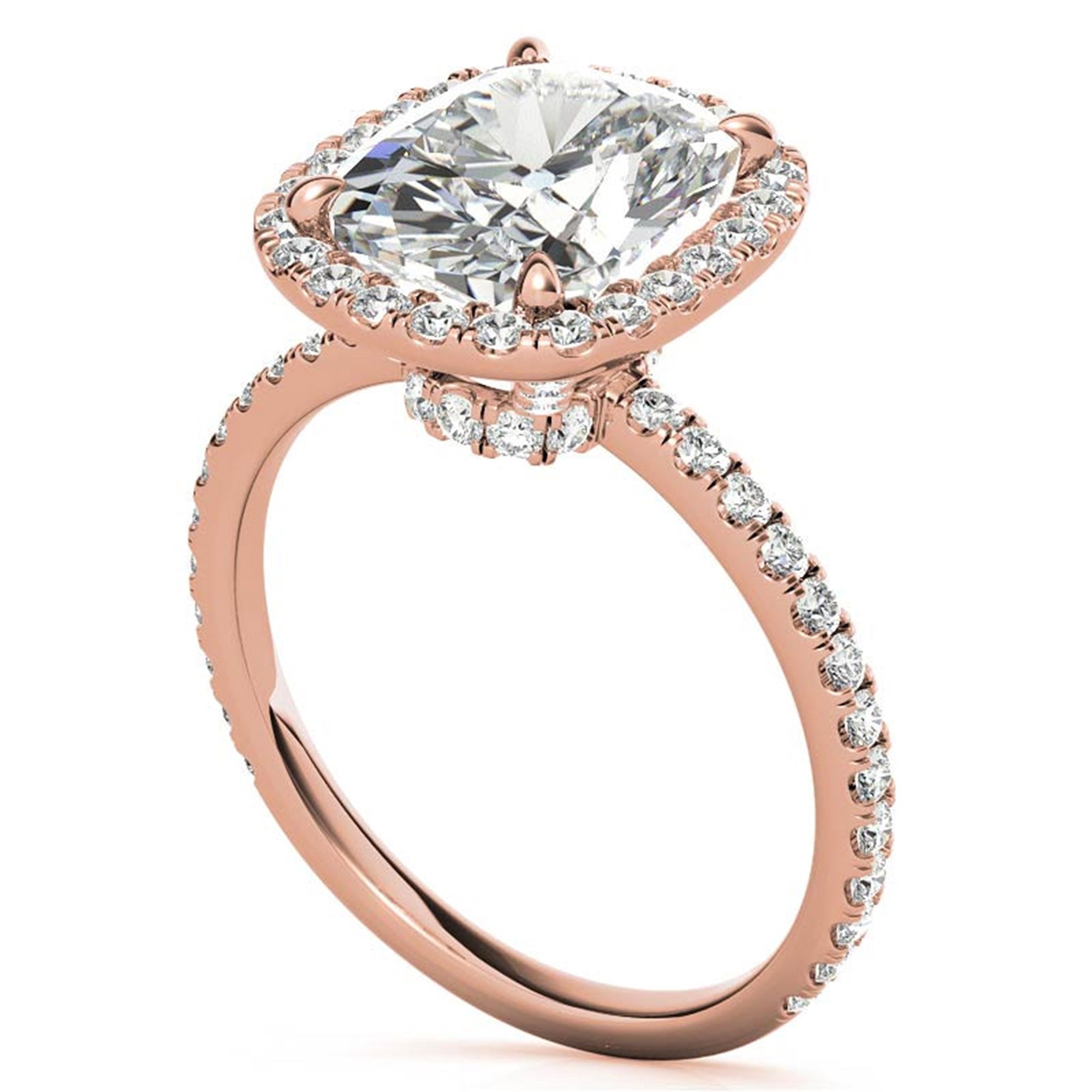 Adjustable Radiant Sterling Silver Rose Gold Elongated Cushion-Cut Solitaire Halo Ring For Women