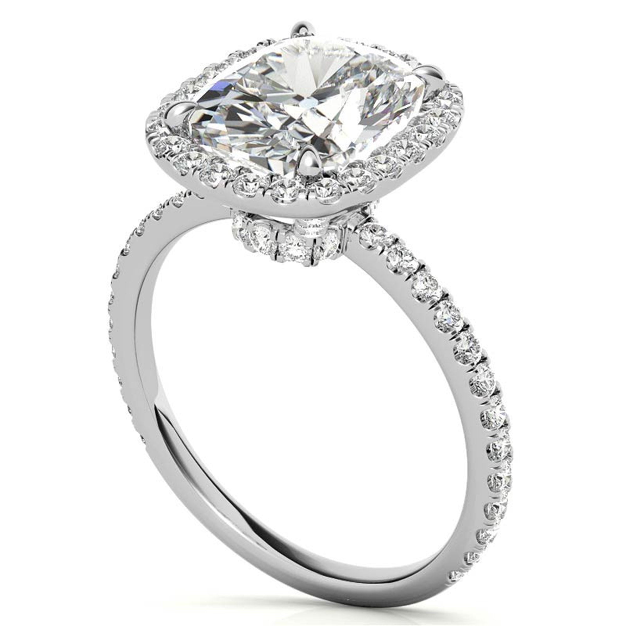 Adjustable Radiant Sterling Silver White Gold Elongated Cushion-Cut Solitaire Halo Ring For Women