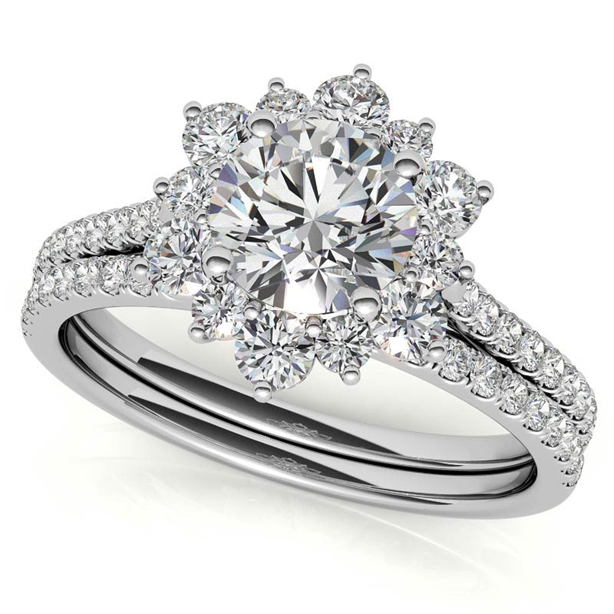 White Gold Floral Halo Stackable Ring Set