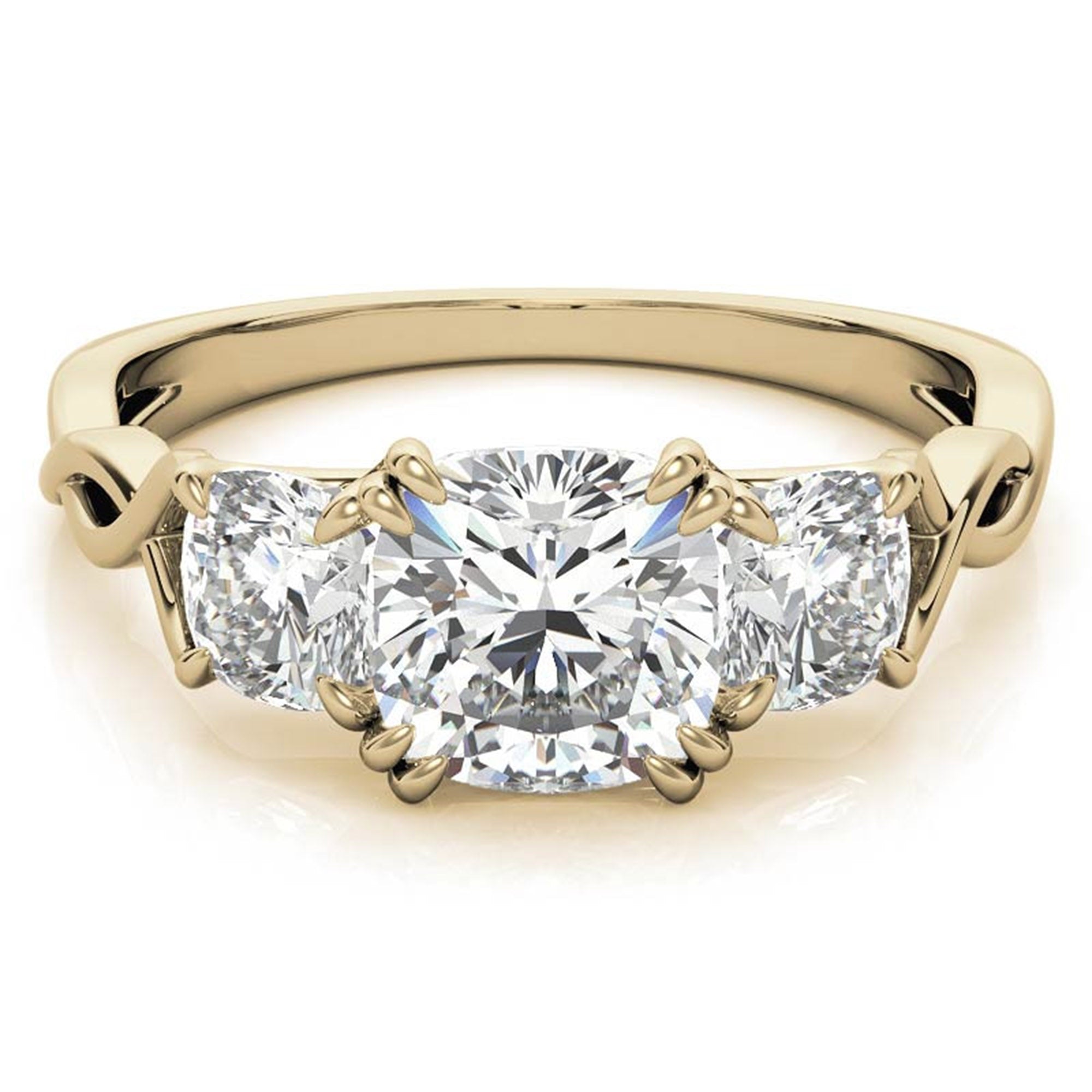 Three-Stone Cushion-Cut Yellow Gold Adjustable Sterling Silver  Engagement Ring For Women