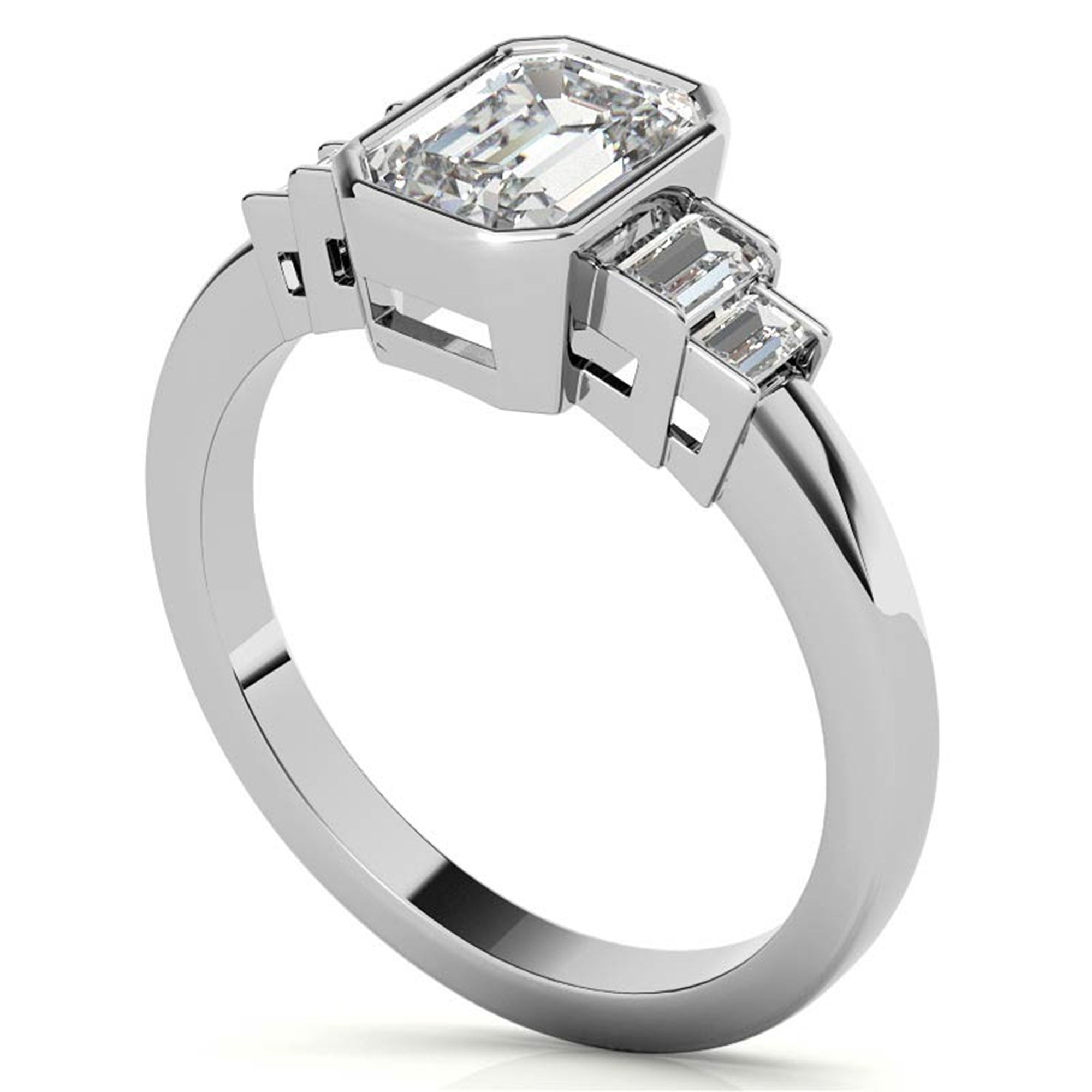 Sterling Silver Emerald-Cut Three-Stone Adjustable Engagement White Gold Ring For Woman