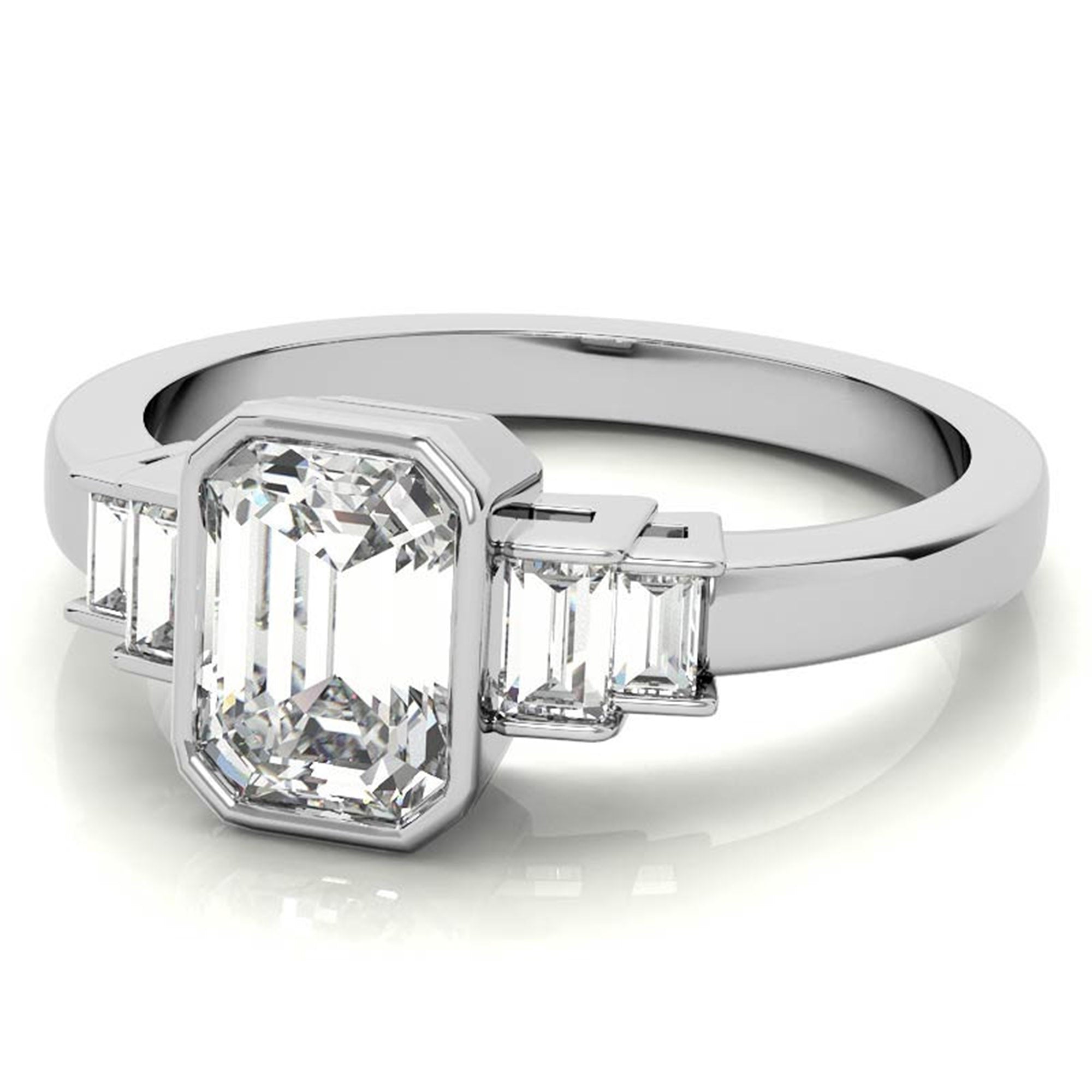 Sterling Silver Emerald-Cut Three-Stone Adjustable Engagement White Gold Ring For Woman