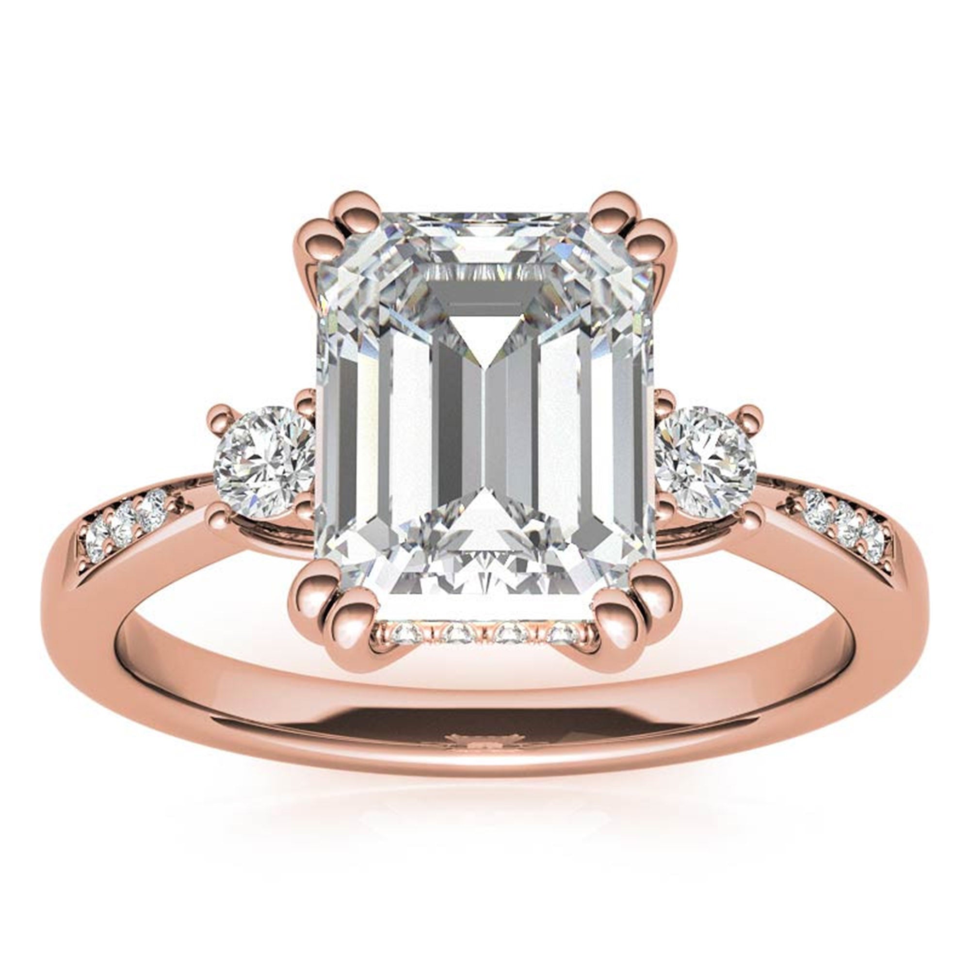 Emerald-Cut  With Two Round Stones Rose Gold Adjustable Sterling Silver Engagement Ring For Woman