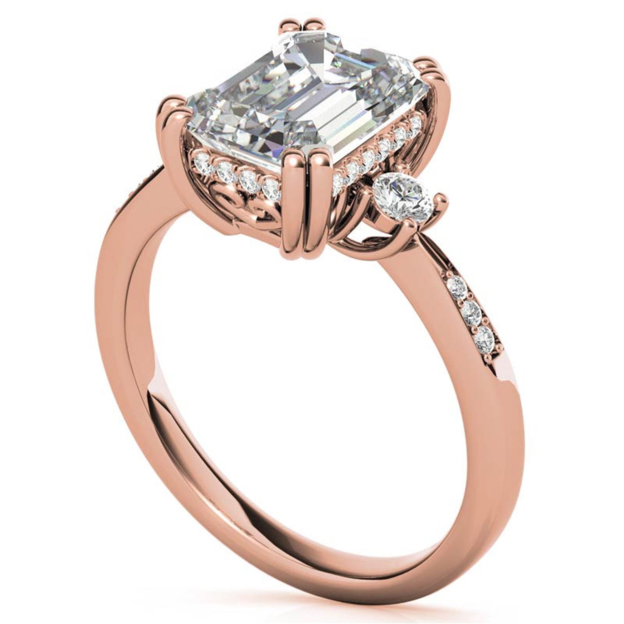 Emerald-Cut  With Two Round Stones Rose Gold Adjustable Sterling Silver Engagement Ring For Woman