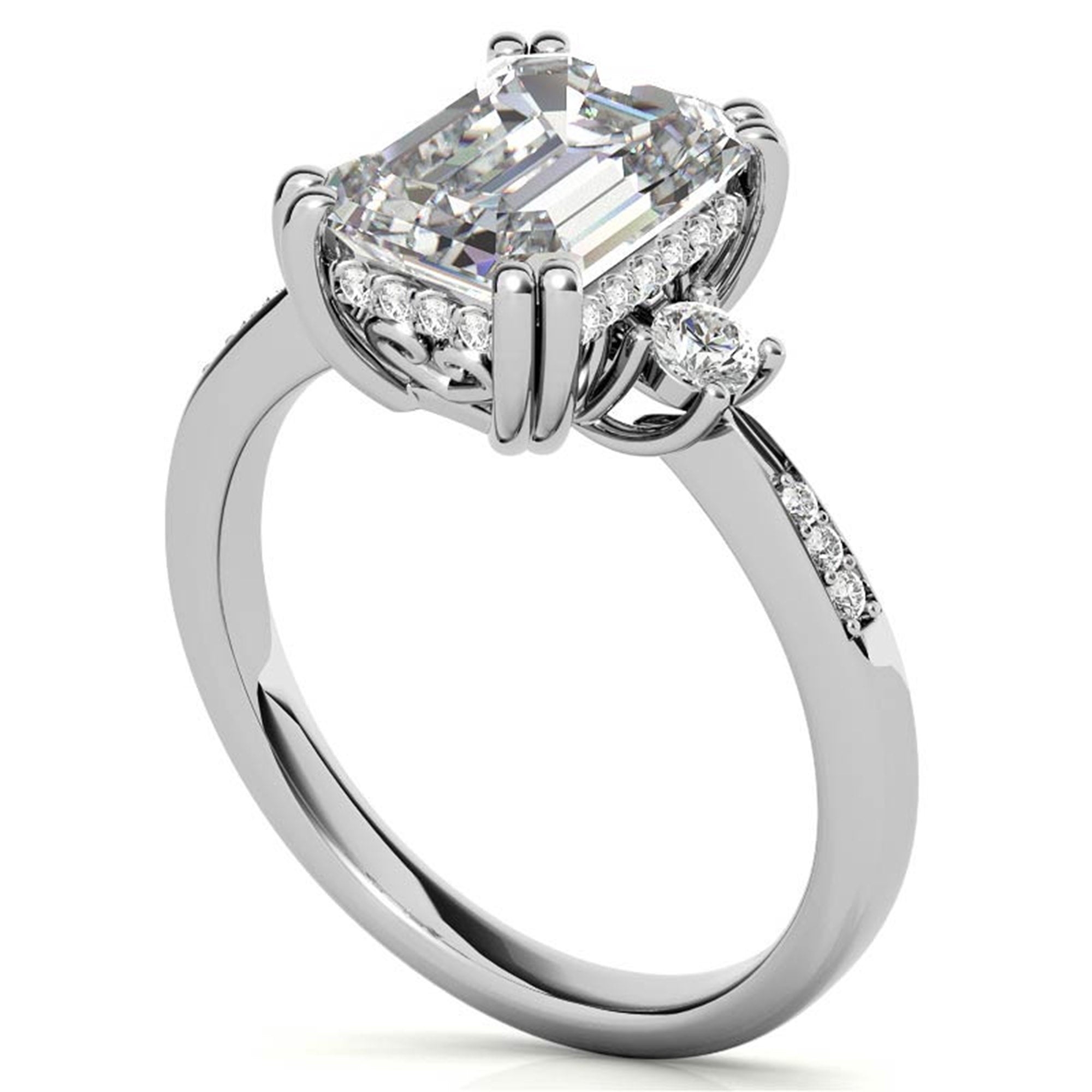 Emerald-Cut  With Two Round Stones White Gold Adjustable Sterling Silver Engagement Ring For Woman