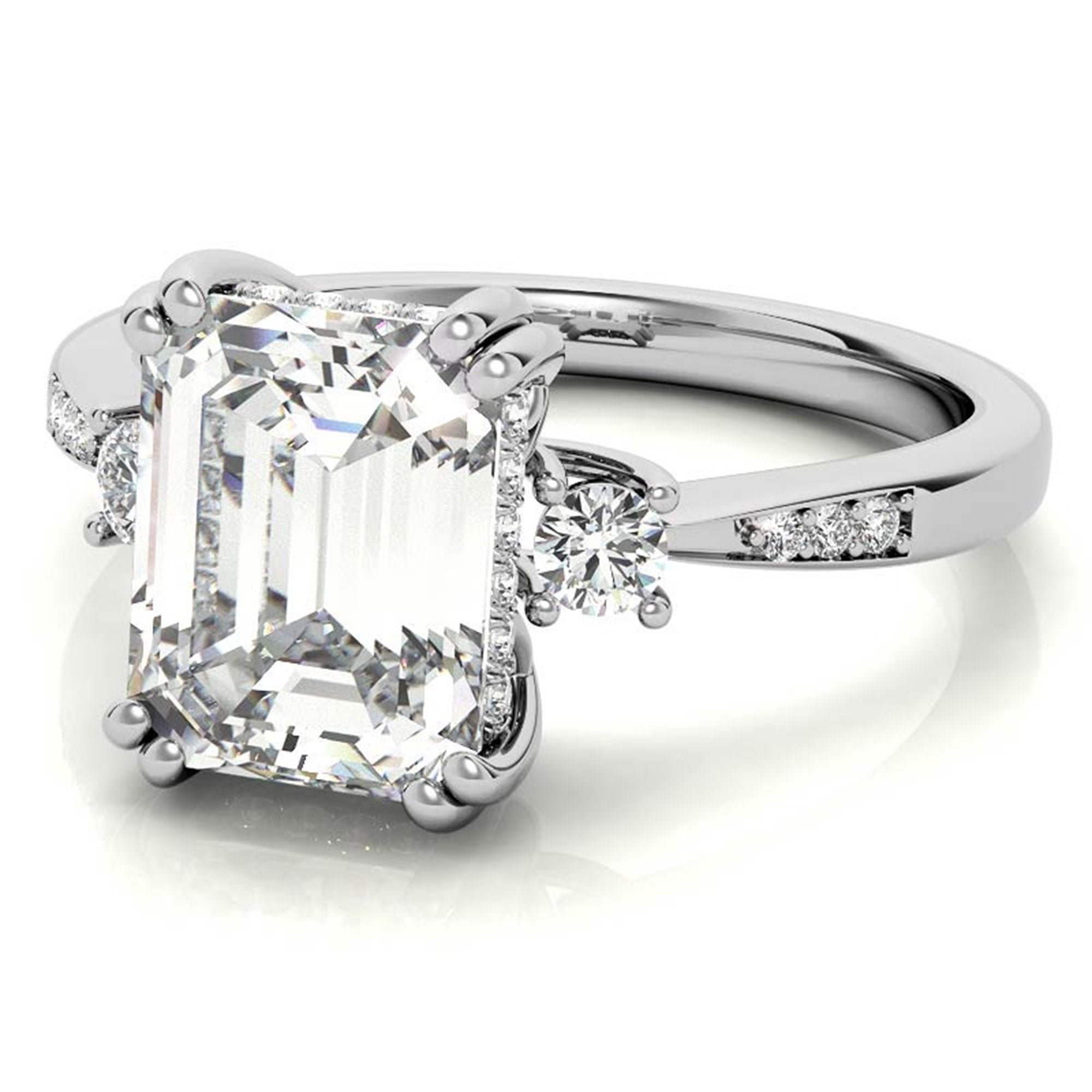 Emerald-Cut  With Two Round Stones White Gold Adjustable Sterling Silver Engagement Ring For Woman