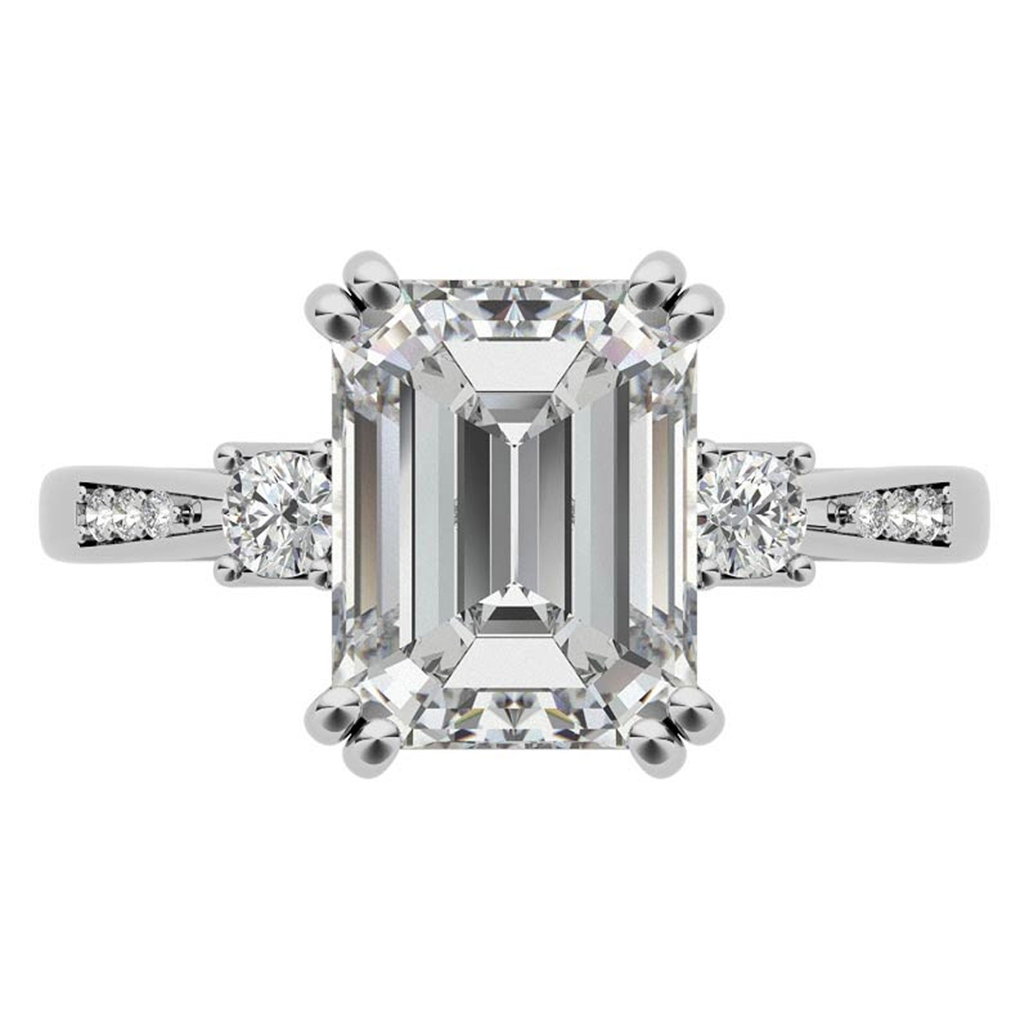 Emerald-Cut  With Two Round Stones White Gold Adjustable Sterling Silver Engagement Ring For Woman