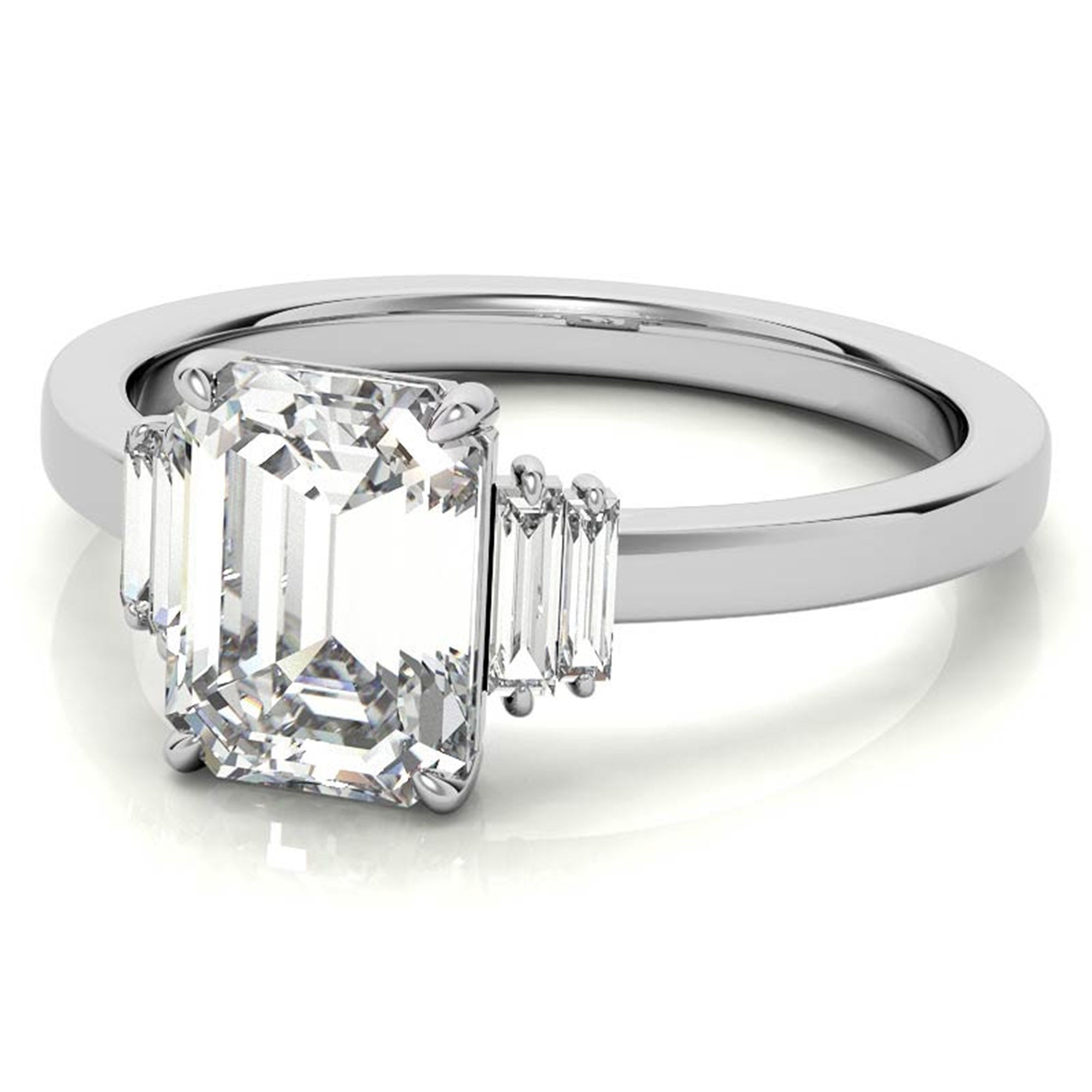 Sterling Silver Emerald-Cut Center Stone With Baguette Adjustable  Engagement White Gold Ring For Woman