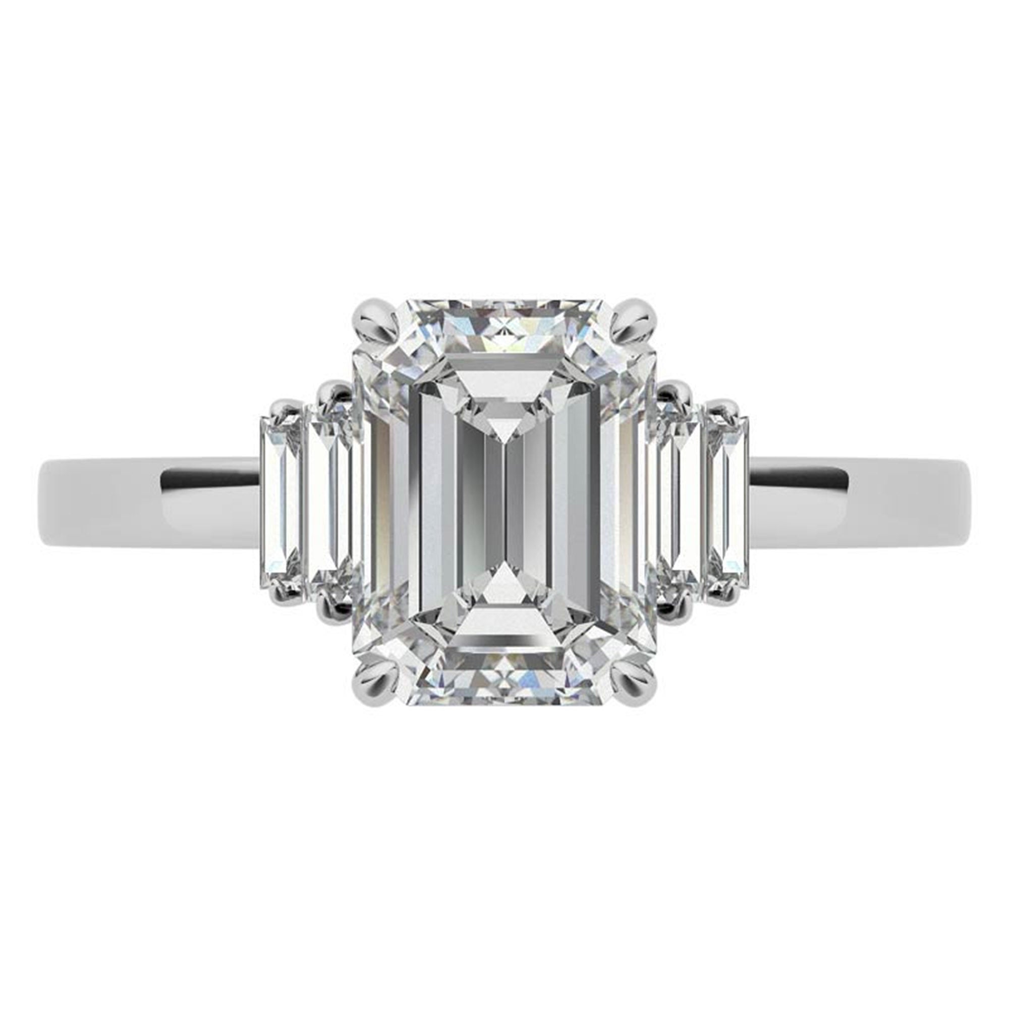 Sterling Silver Emerald-Cut Center Stone With Baguette Adjustable  Engagement White Gold Ring For Woman