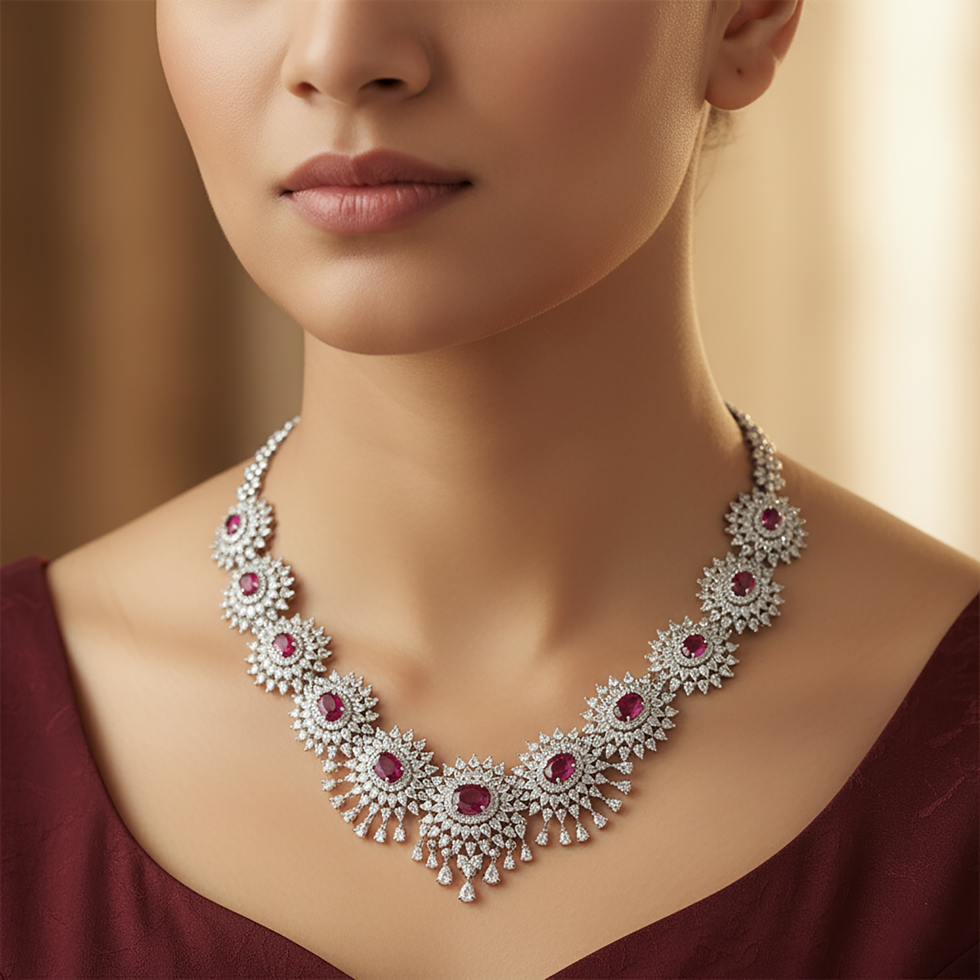 Ruby American Diamond Bridal Necklace