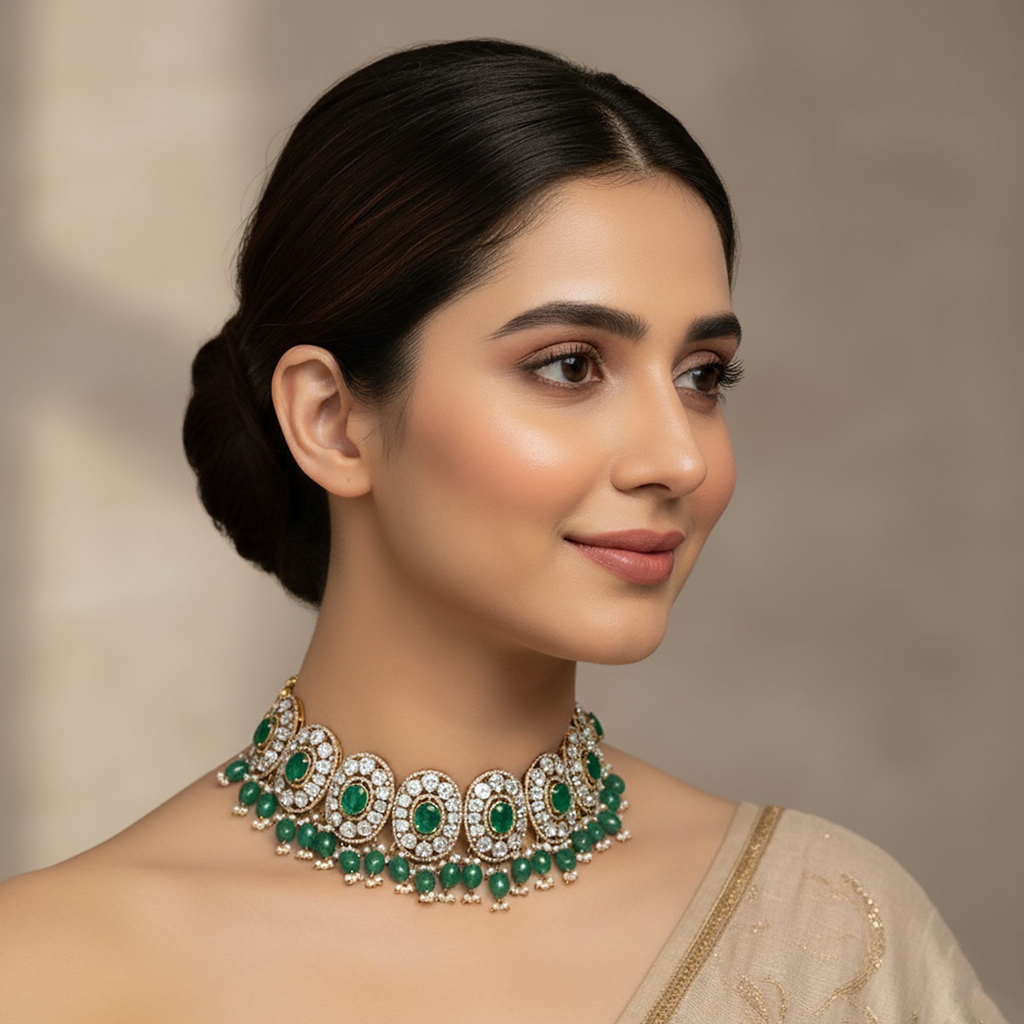 Emerald Choker Necklace with Polki Stone