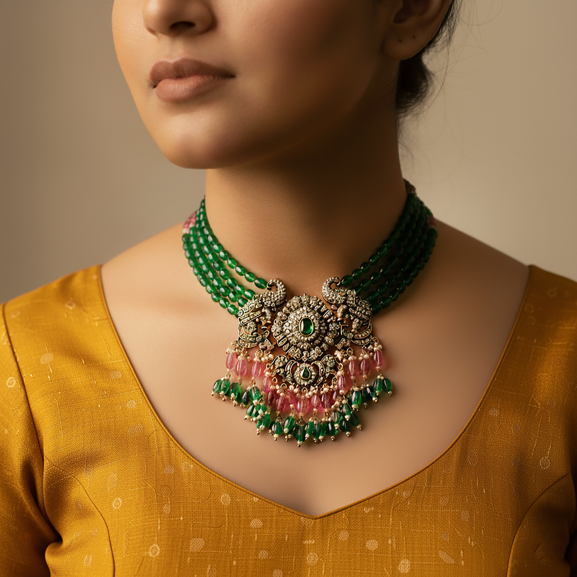 Vintage Maharani Emerald Elephant Necklace