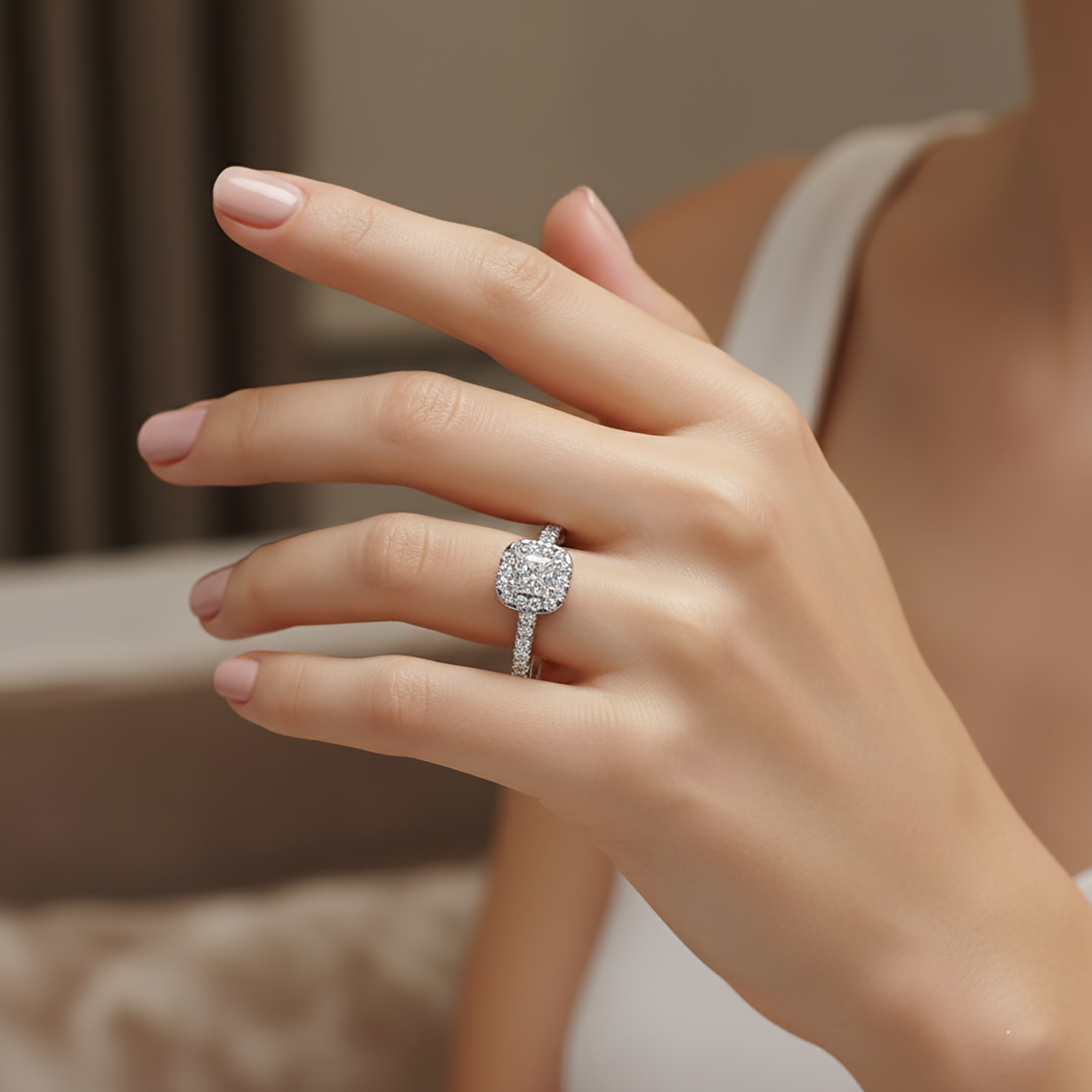 Adjustable Princess Cut Halo Silver Ring