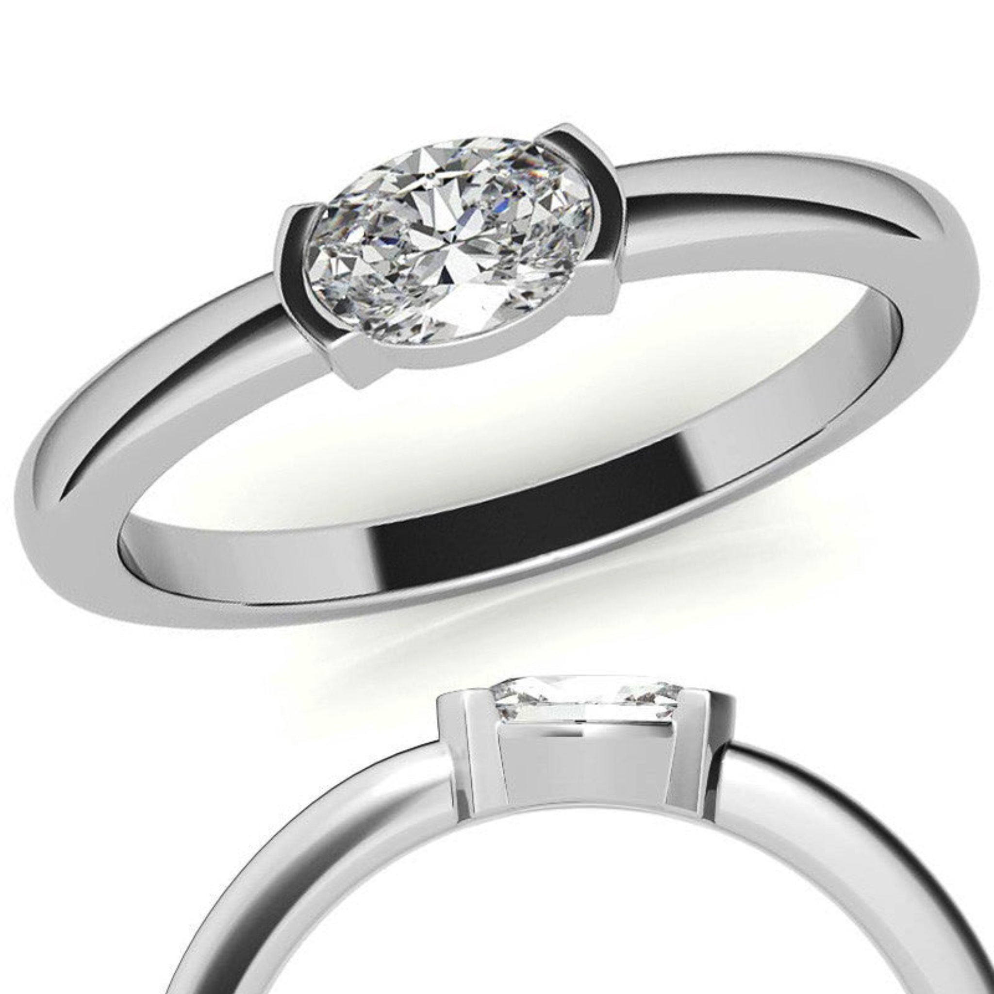 White Gold Silver Half-Bezel-Set Adjustable Oval Cut Solitaire Ring For Woman