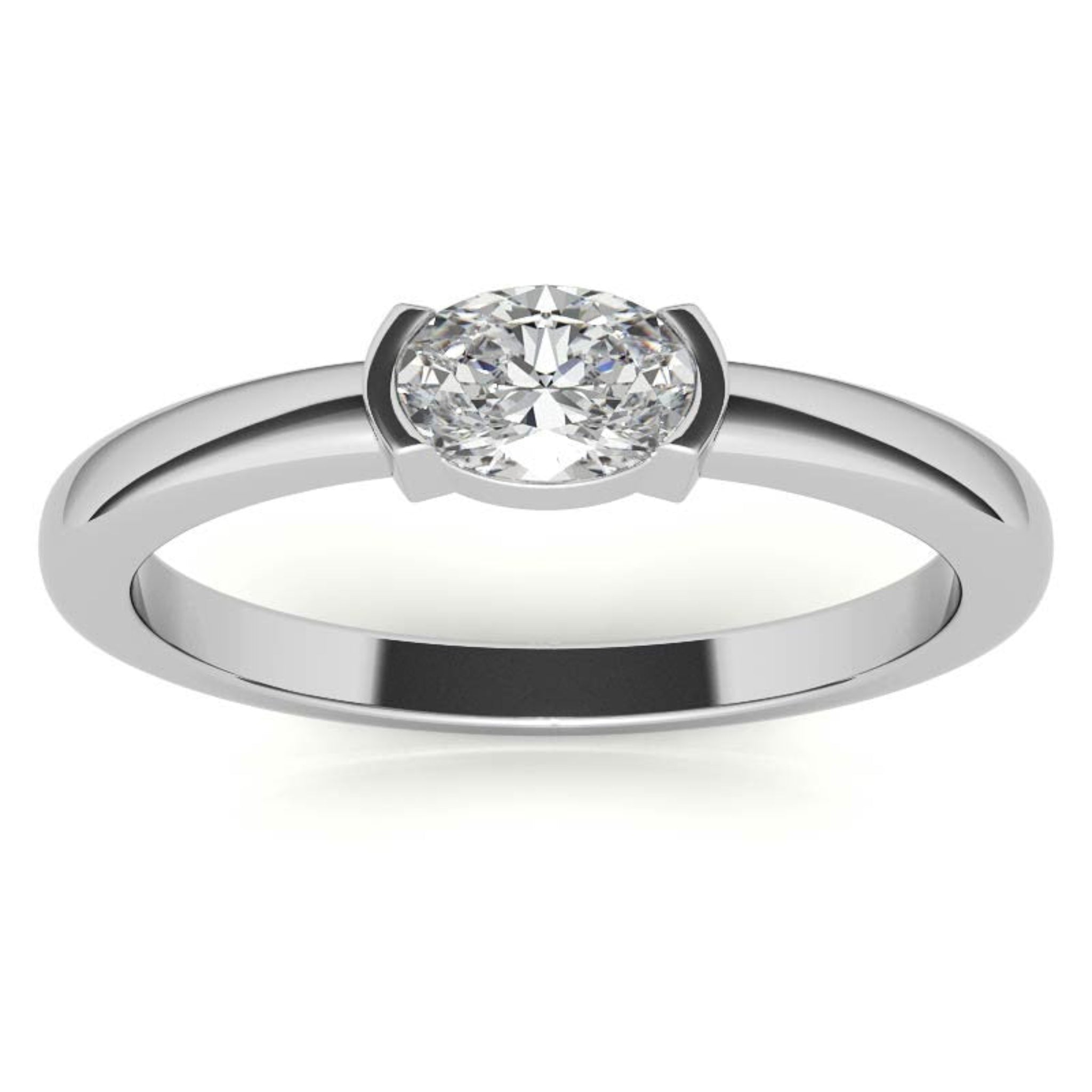 White Gold Silver Half-Bezel-Set Adjustable Oval Cut Solitaire Ring For Woman