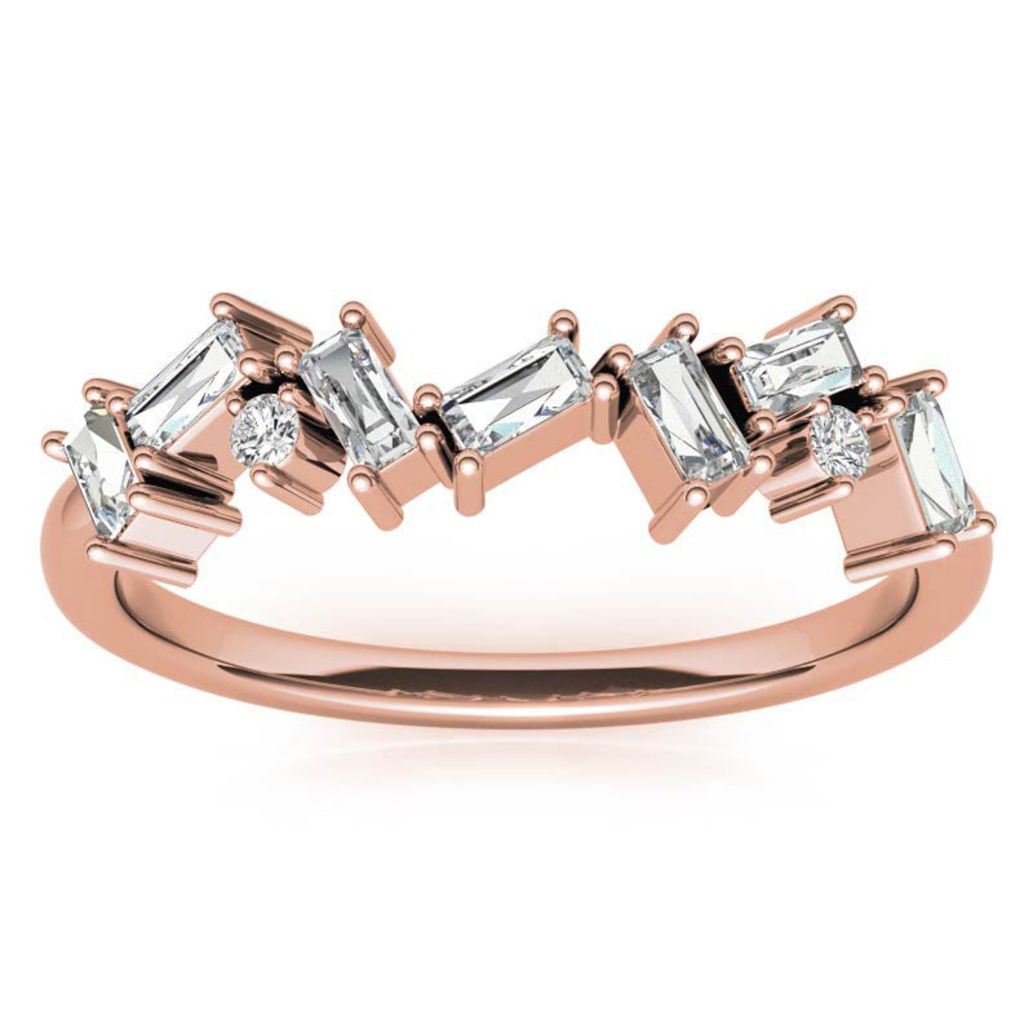 Adjustable Sterling Silver Unique Rose Gold Asymmetrical Baguette and Round-Cut Diamond Ring For Women