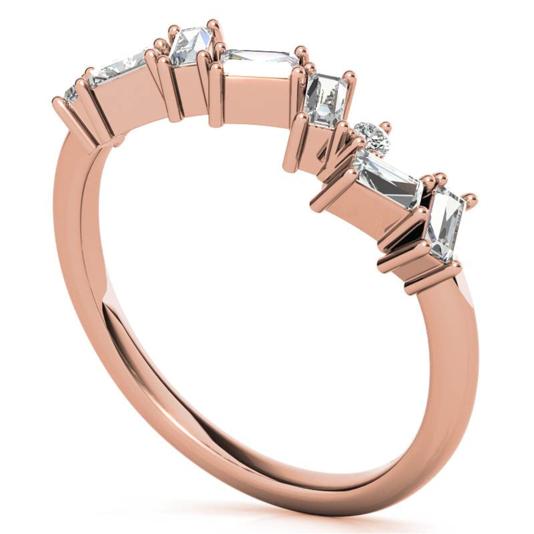 Adjustable Sterling Silver Unique Rose Gold Asymmetrical Baguette and Round-Cut Diamond Ring For Women
