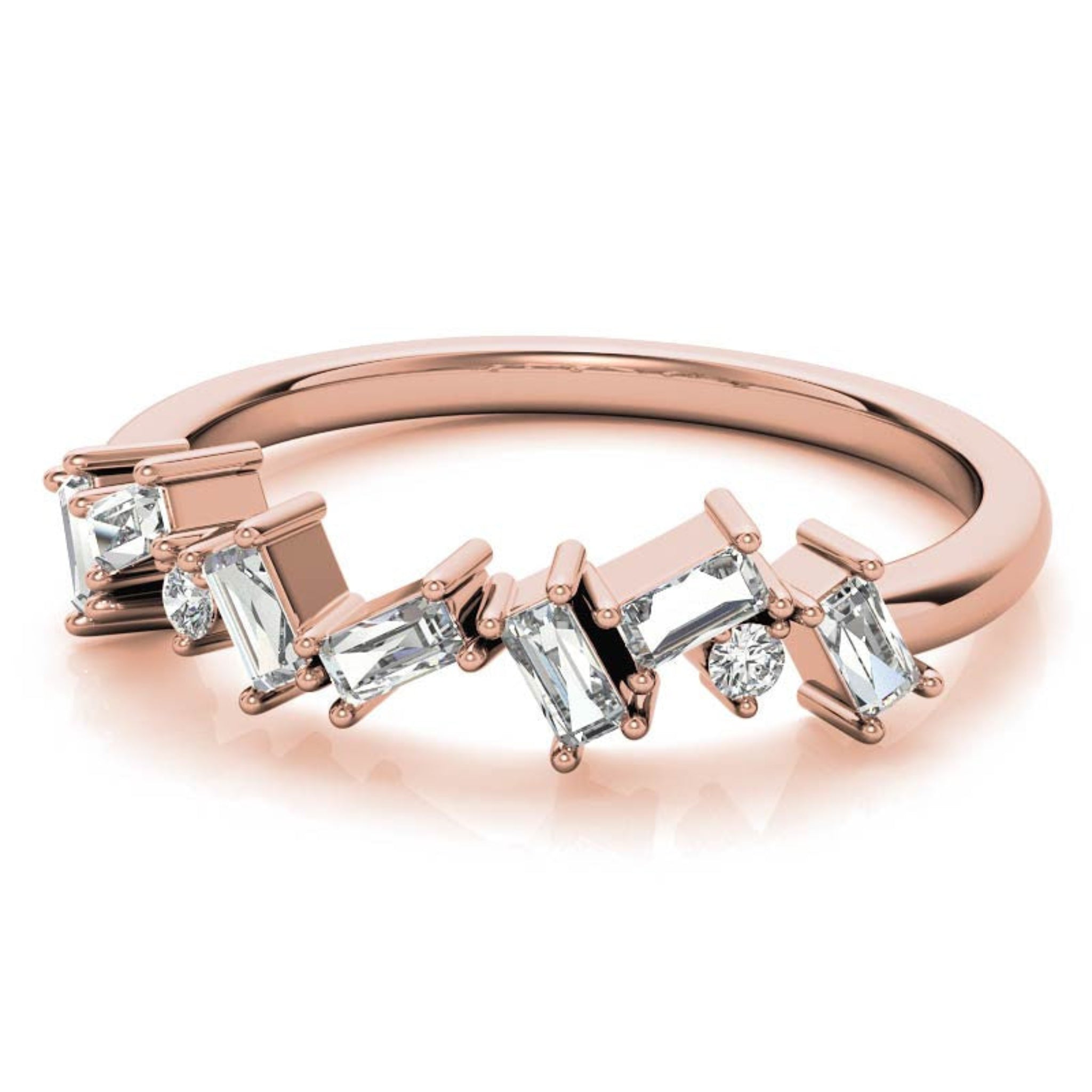 Adjustable Sterling Silver Unique Rose Gold Asymmetrical Baguette and Round-Cut Diamond Ring For Women