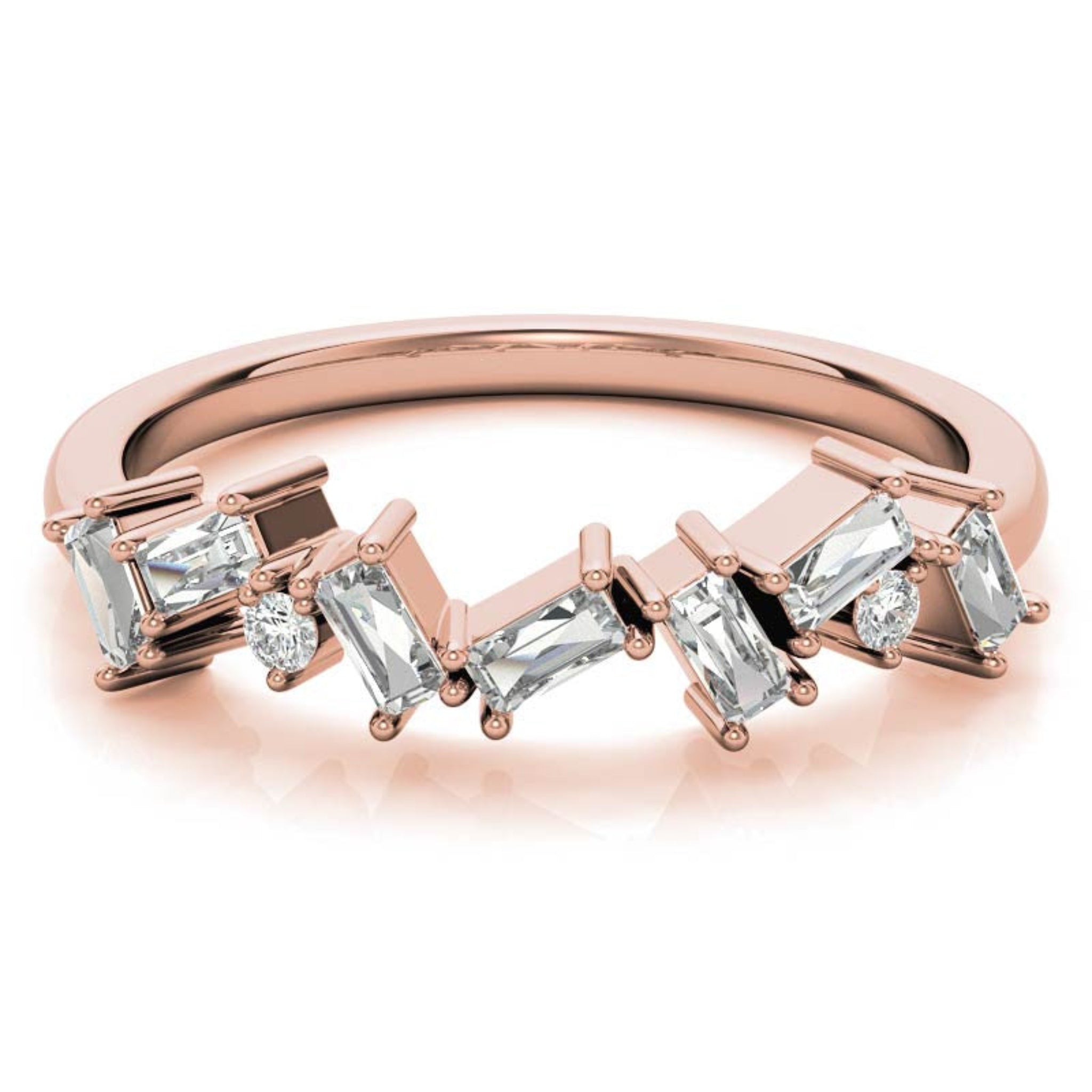Adjustable Sterling Silver Unique Rose Gold Asymmetrical Baguette and Round-Cut Diamond Ring For Women