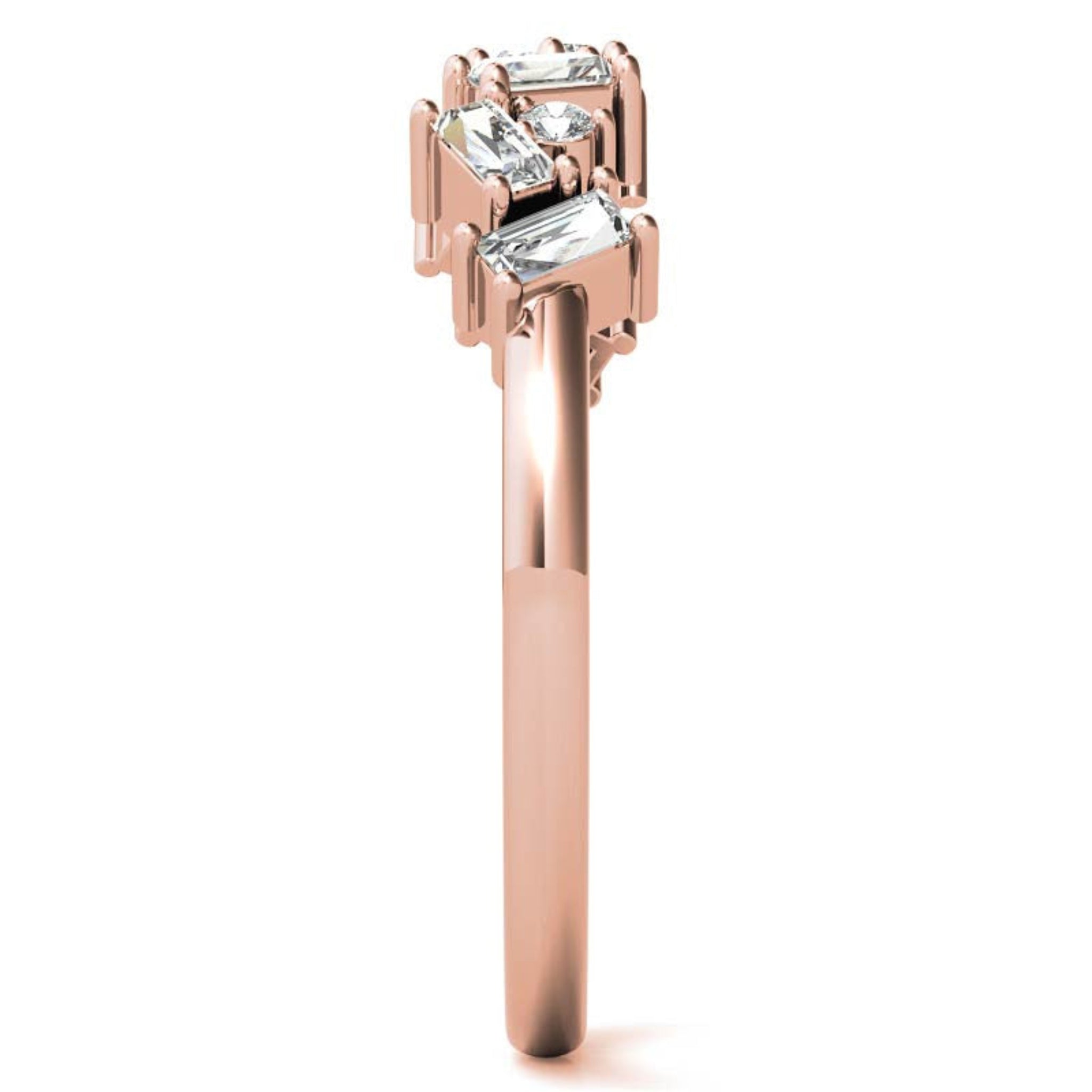 Adjustable Sterling Silver Unique Rose Gold Asymmetrical Baguette and Round-Cut Diamond Ring For Women