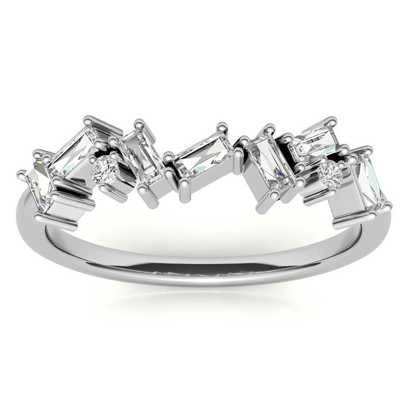 Adjustable Sterling Silver Unique White Gold Asymmetrical Baguette and Round-Cut Diamond Ring For Women