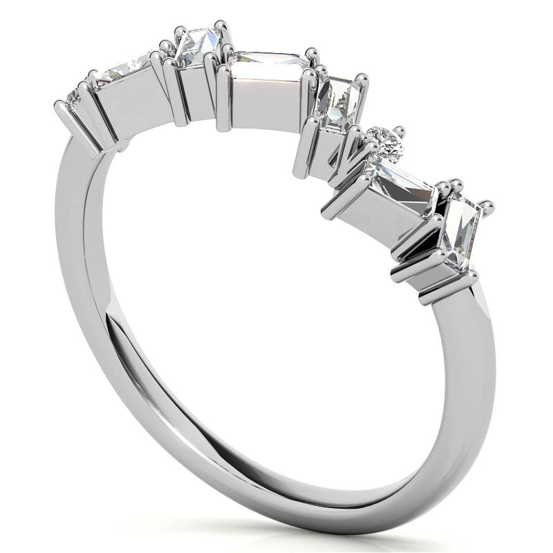 Adjustable Sterling Silver Unique White Gold Asymmetrical Baguette and Round-Cut Diamond Ring For Women