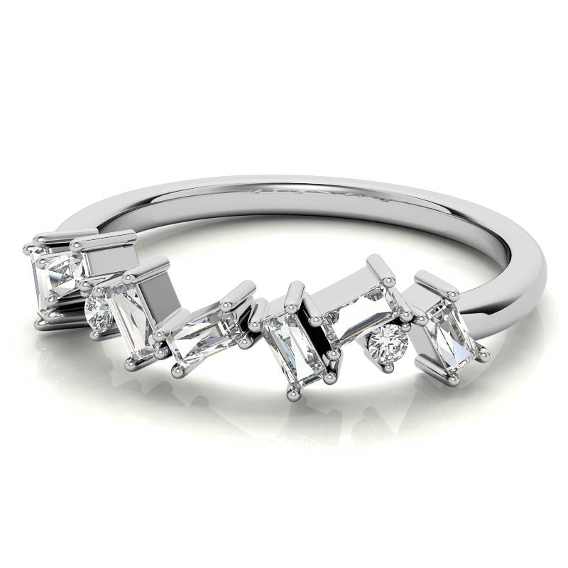 Adjustable Sterling Silver Unique White Gold Asymmetrical Baguette and Round-Cut Diamond Ring For Women