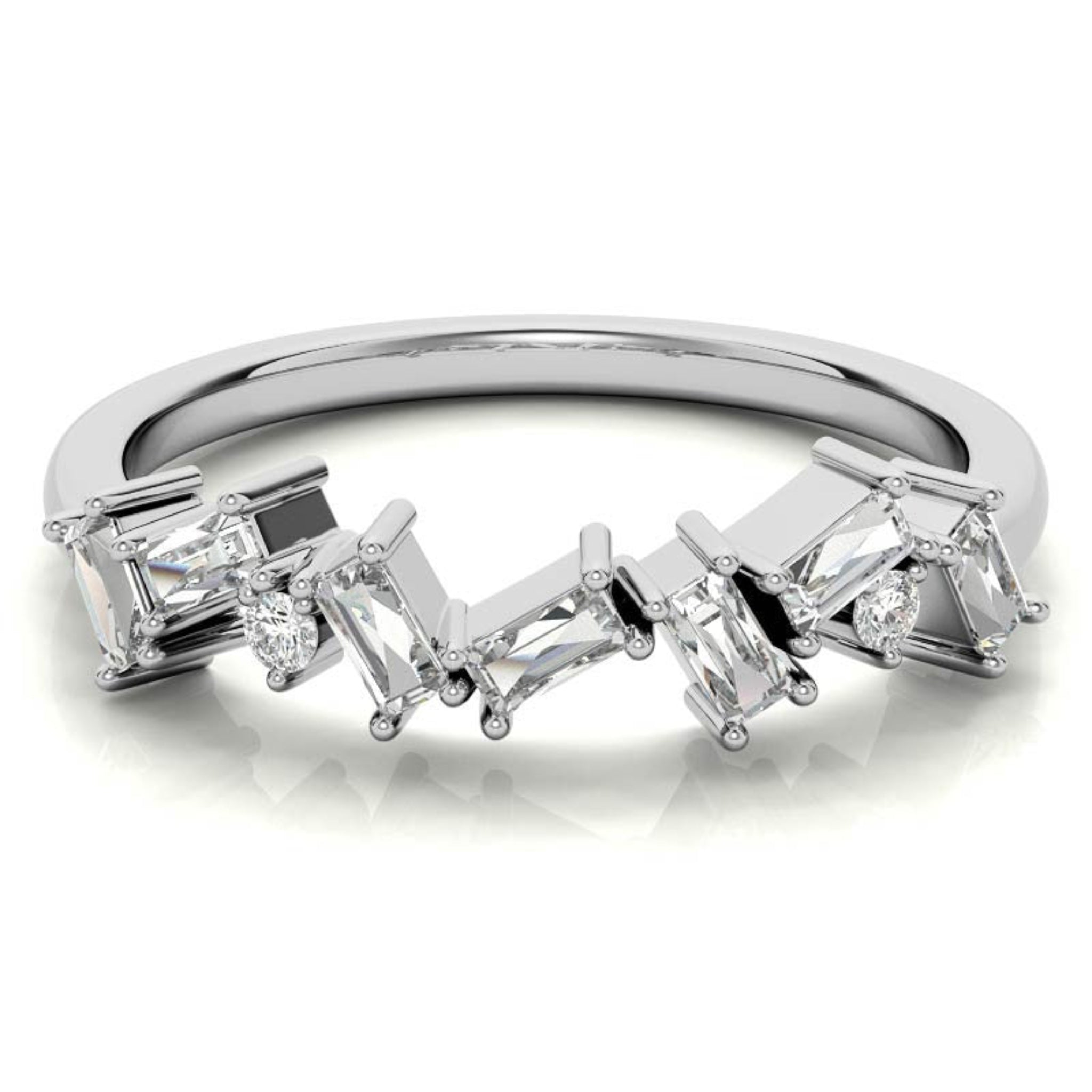 Adjustable Sterling Silver Unique White Gold Asymmetrical Baguette and Round-Cut Diamond Ring For Women