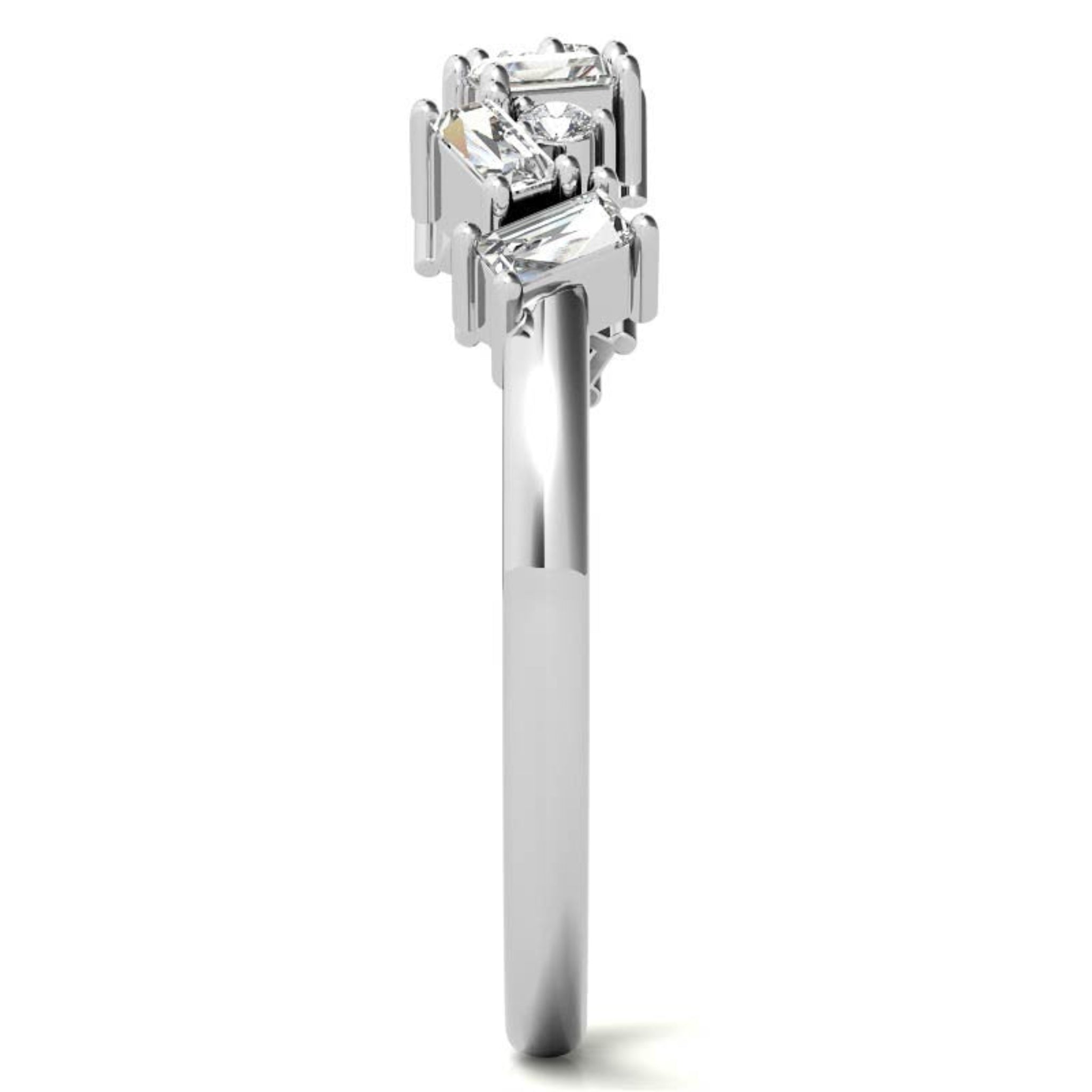 Adjustable Sterling Silver Unique White Gold Asymmetrical Baguette and Round-Cut Diamond Ring For Women