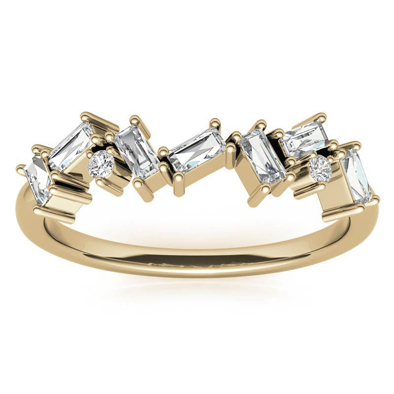 Adjustable Sterling Silver Unique Yellow Gold Asymmetrical Baguette and Round-Cut Diamond Ring For Women