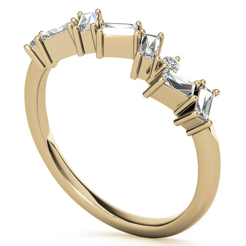 Adjustable Sterling Silver Unique Yellow Gold Asymmetrical Baguette and Round-Cut Diamond Ring For Women