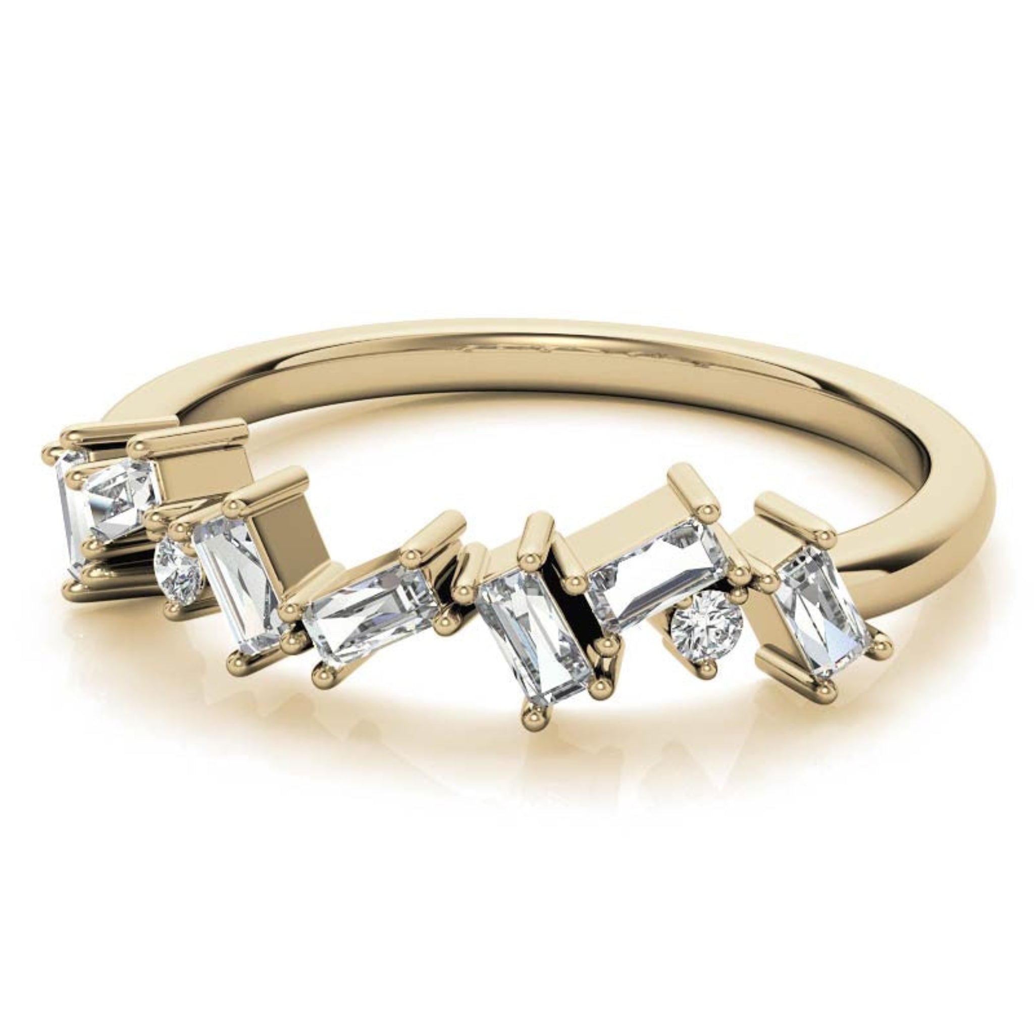 Adjustable Sterling Silver Unique Yellow Gold Asymmetrical Baguette and Round-Cut Diamond Ring For Women