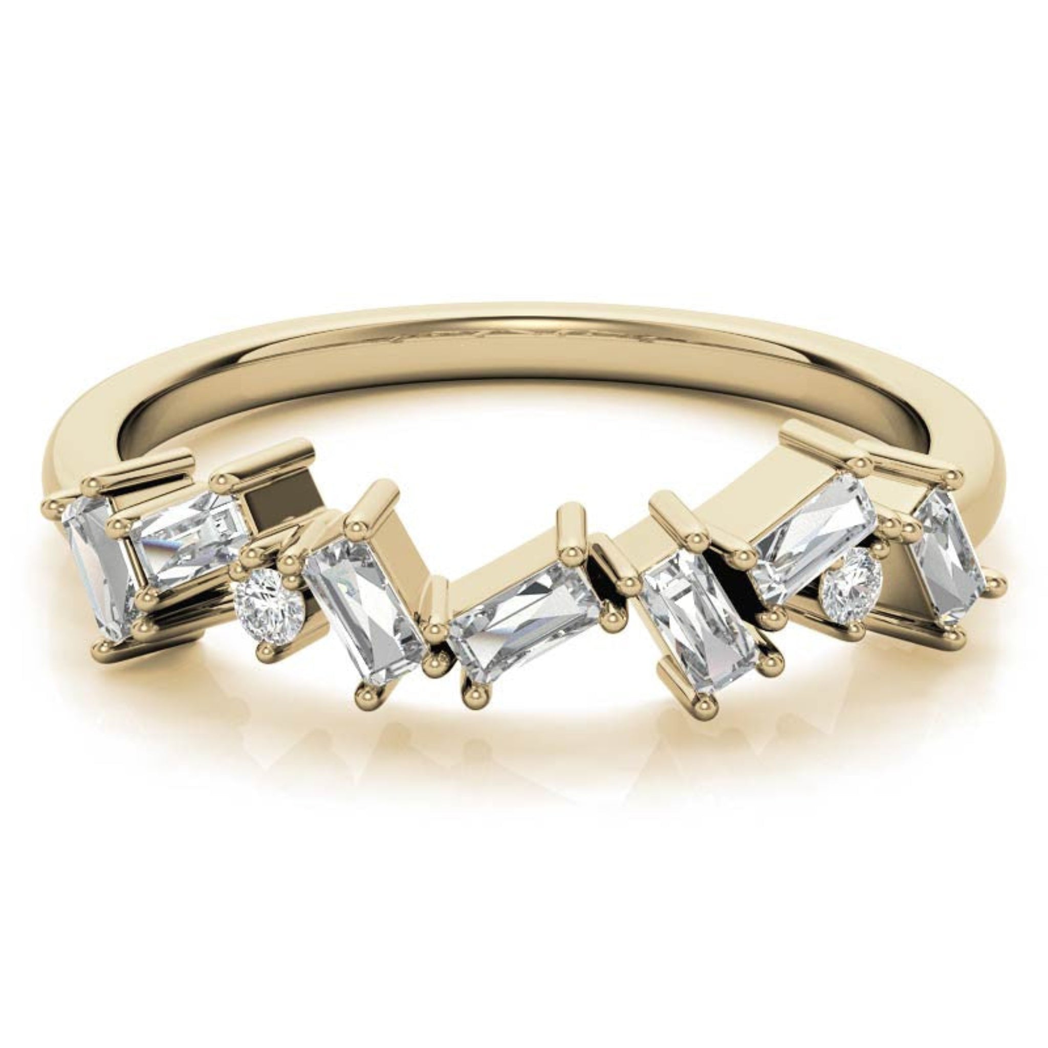 Adjustable Sterling Silver Unique Yellow Gold Asymmetrical Baguette and Round-Cut Diamond Ring For Women