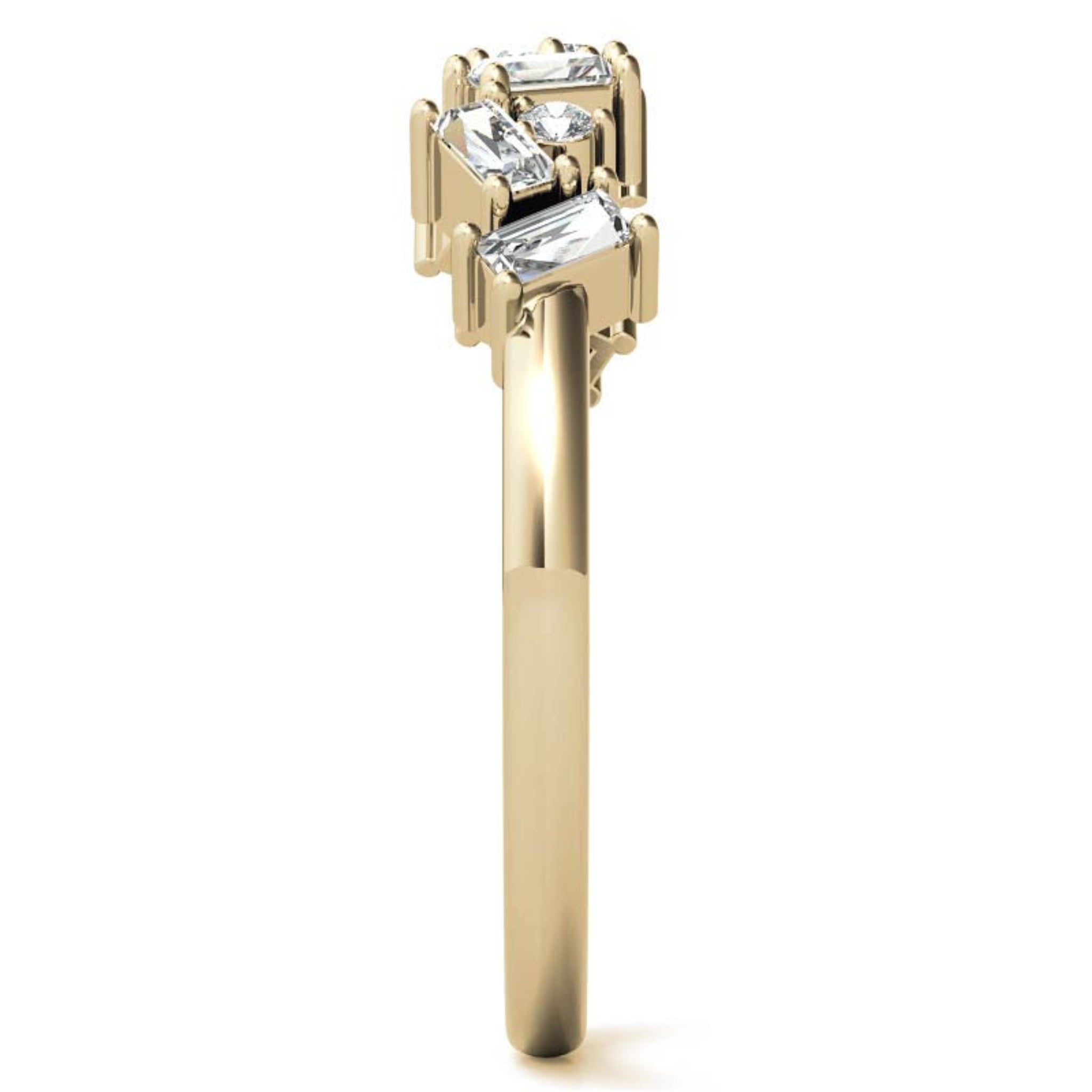 Adjustable Sterling Silver Unique Yellow Gold Asymmetrical Baguette and Round-Cut Diamond Ring For Women