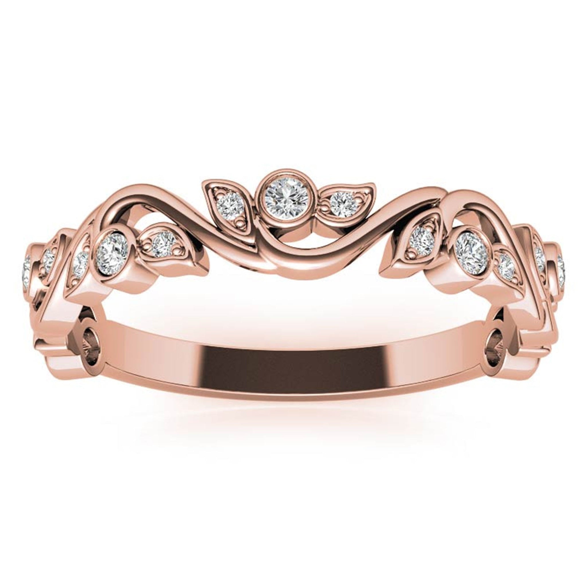 Adjustable Sterling Silver Stunning Rose Gold Floral-Inspired with Leaf Motif Diamond Ring For Women