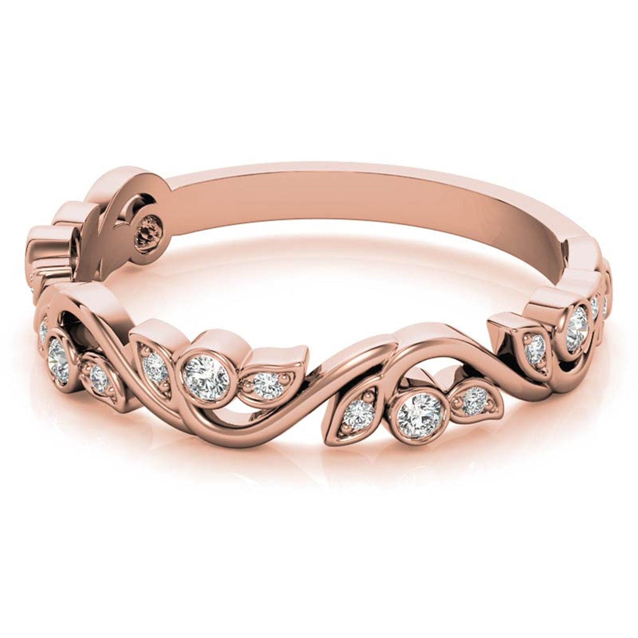Adjustable Sterling Silver Stunning Rose Gold Floral-Inspired with Leaf Motif Diamond Ring For Women