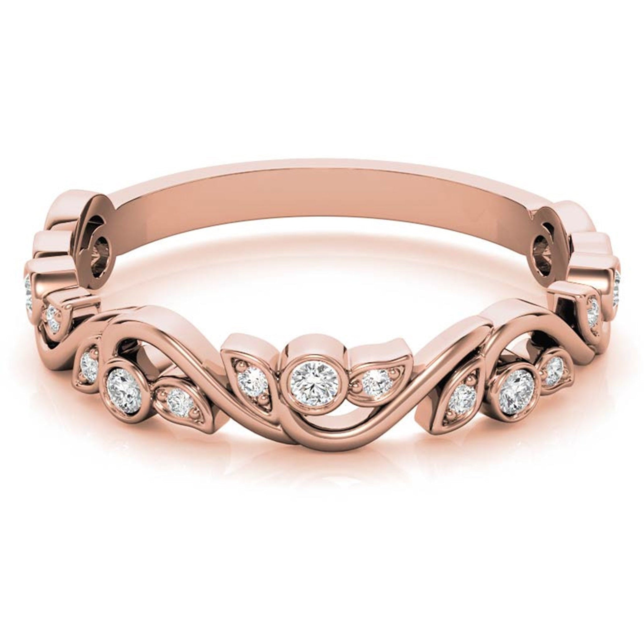 Adjustable Sterling Silver Stunning Rose Gold Floral-Inspired with Leaf Motif Diamond Ring For Women