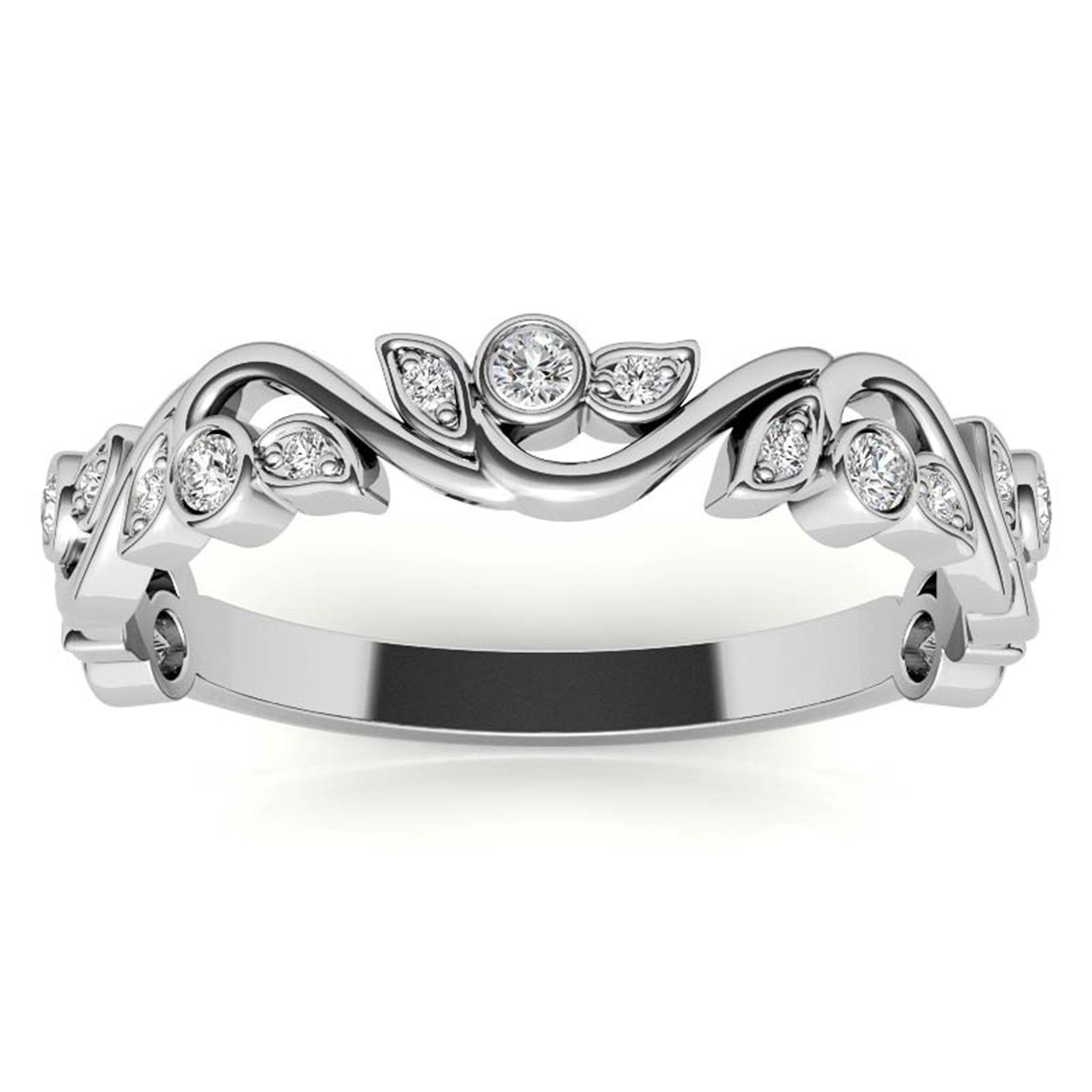 Adjustable Sterling Silver Stunning White Gold Floral-Inspired With Leaf Motif Diamond Ring For Women