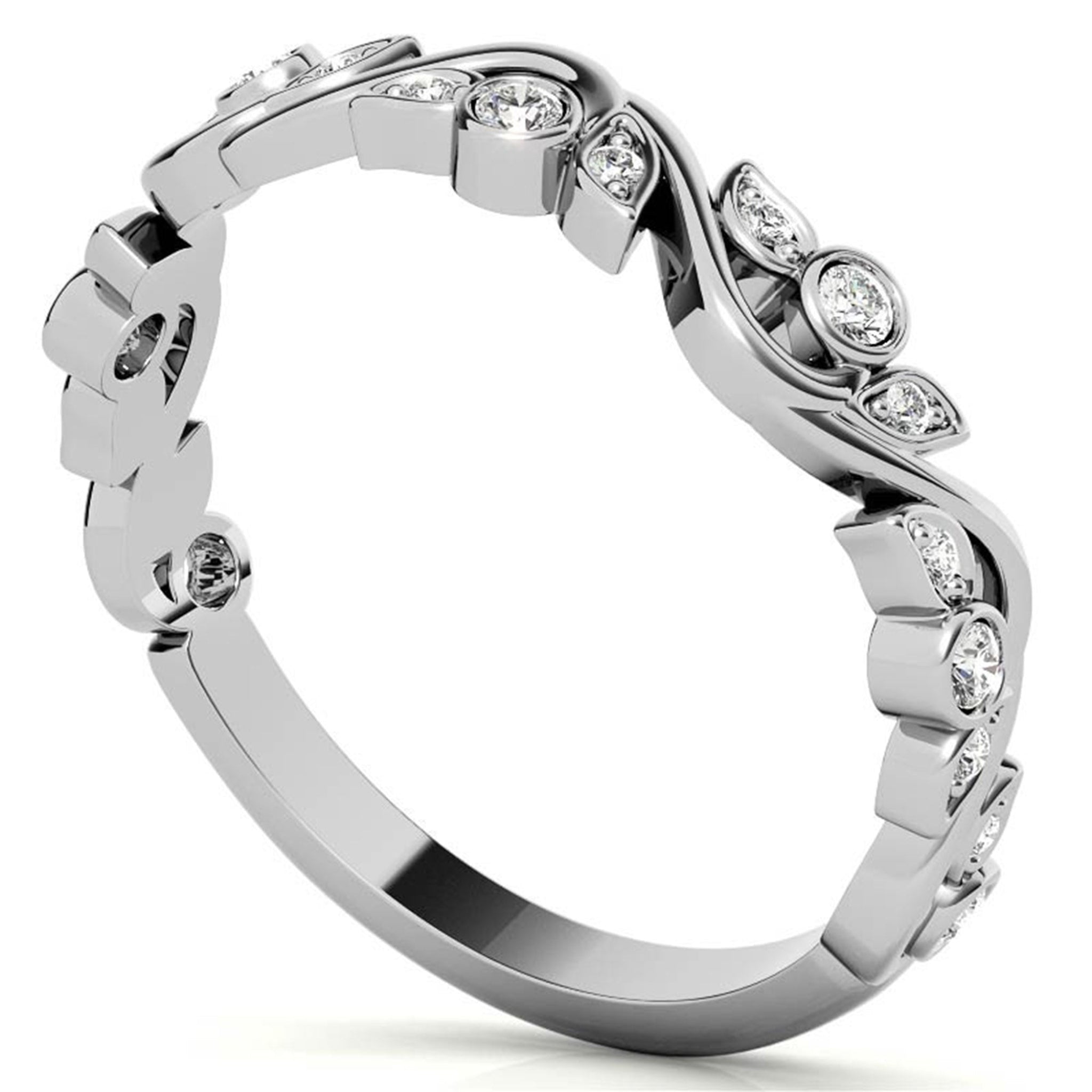 Adjustable Sterling Silver Stunning White Gold Floral-Inspired With Leaf Motif Diamond Ring For Women
