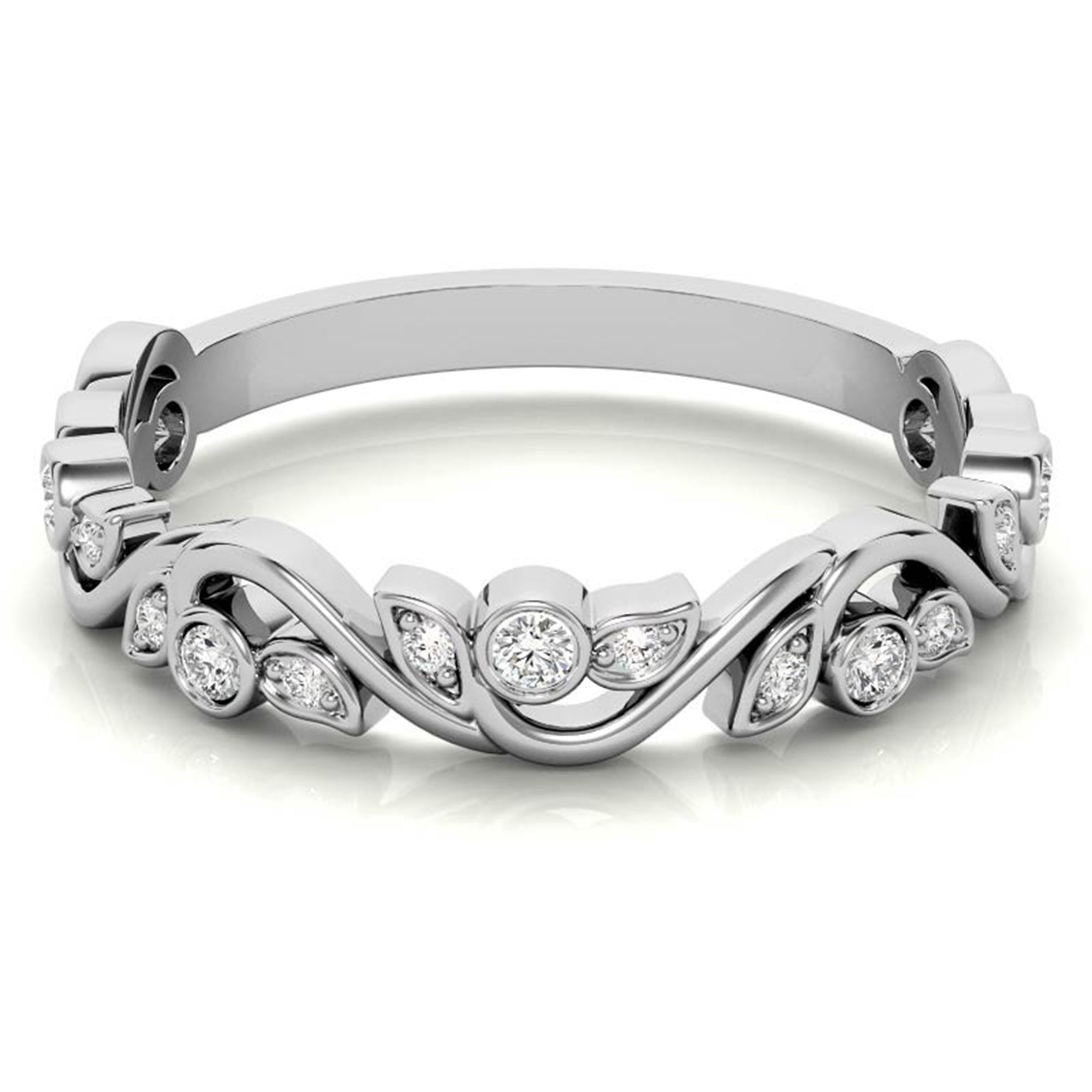 Adjustable Sterling Silver Stunning White Gold Floral-Inspired With Leaf Motif Diamond Ring For Women